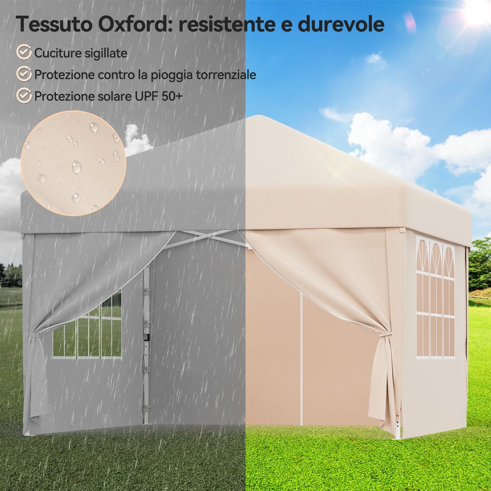 Devoko Gazebo 3x3 Pieghevole Impermeabile UPF50+ 3 Altezze Regolabili, 4 Pareti Rimuovibili, da Giardino per 8-10 Persone, Beige