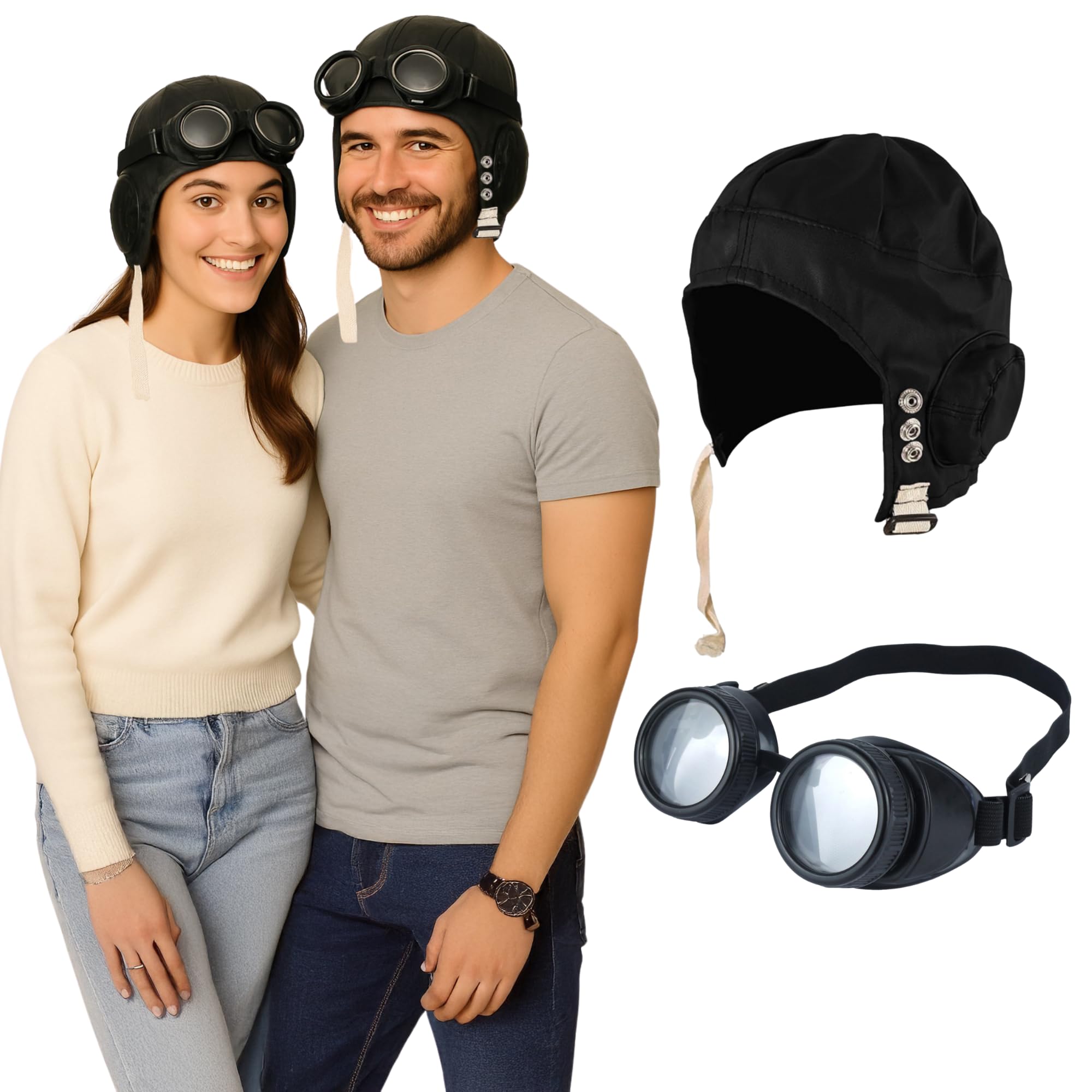FNA FASHIONS® Black Biggles Hat Pilot Goggles Frame Aviator Grandpa's Great Escape Fancy Dress Kit (Black Biggles Hat + Black Glasses Set)