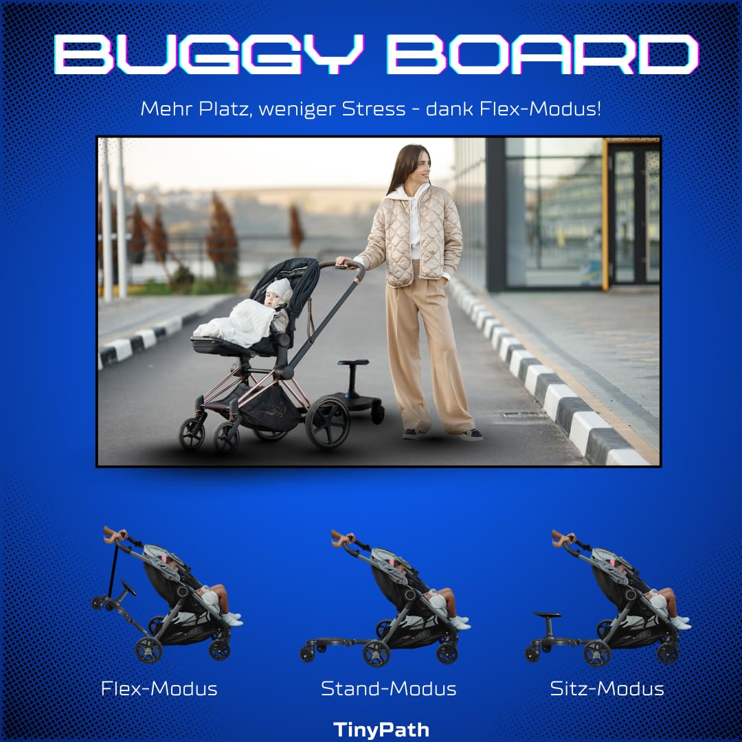 TinyPath Kinder Buggy Board - Universelles Trittbrett 14cm Sitz für alle Kinderwagen & Reisebuggys | Geschenkidee | Sicher, stabil & rutschfest | Einfache Montage | Kinderwagen-Zubehör