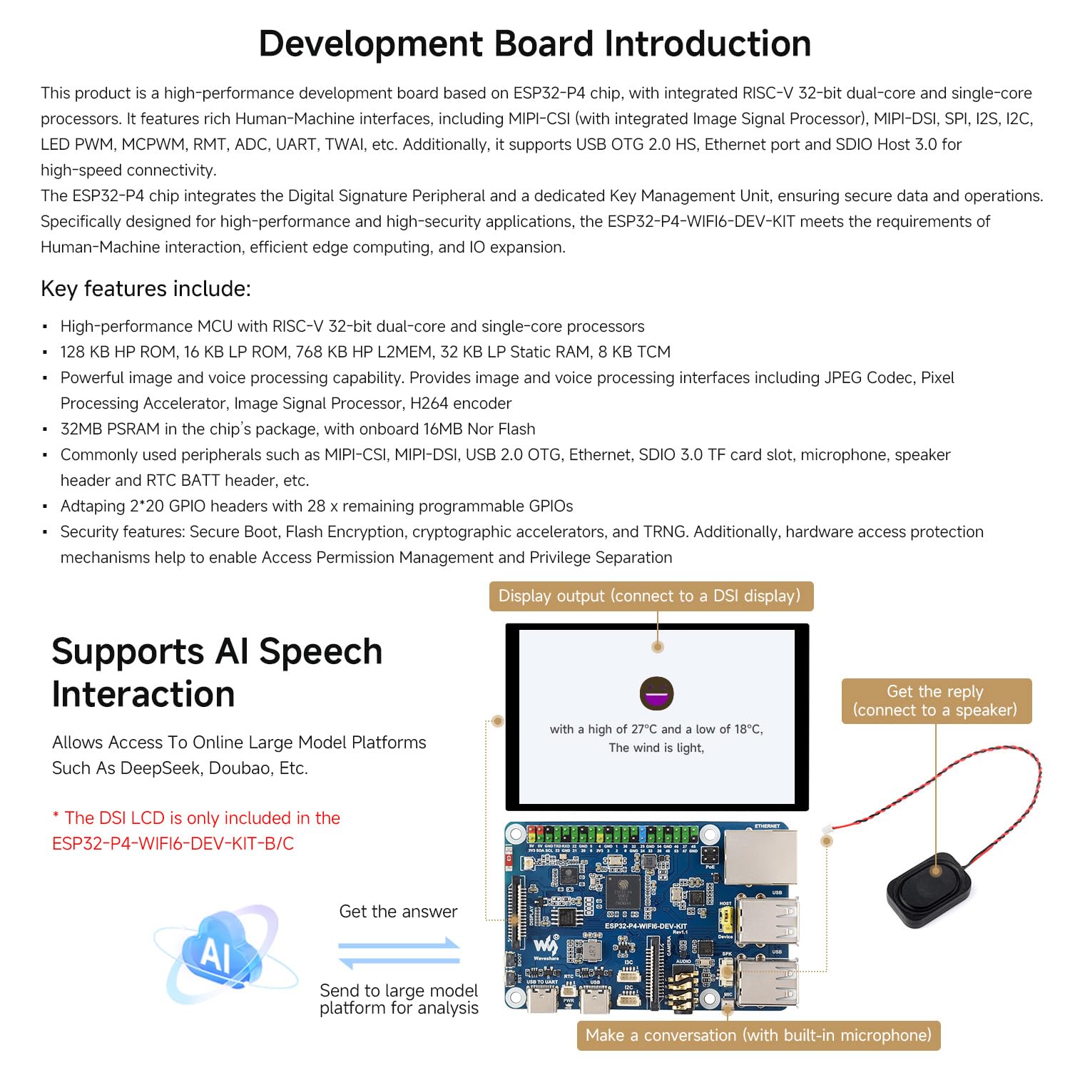 Waveshare ESP32-P4-WIFI6-DEV-KIT High-Performance Development Board, Based on ESP32-P4 & ESP32-C6, Supports Wi-FI 6, BT 5 & BLE 5, Bundle with Board, Speaker and Cable