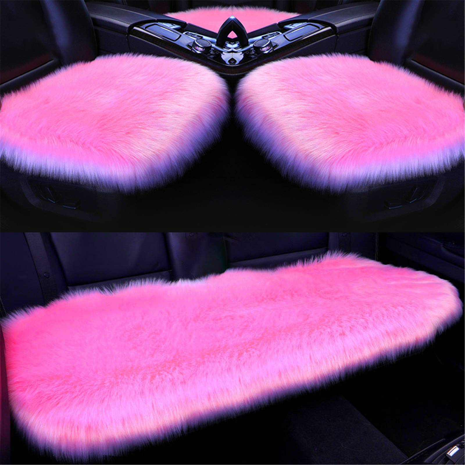 Plüsch Autositzbezug,Faux Lammfell Auto Sitzauflage,Winter Warme Sitzkissenbezug, Sitzbezug,Autositzkissen Abdeckung Modell Universal (Dunkelrosa,Dreiteiliger Anzug)