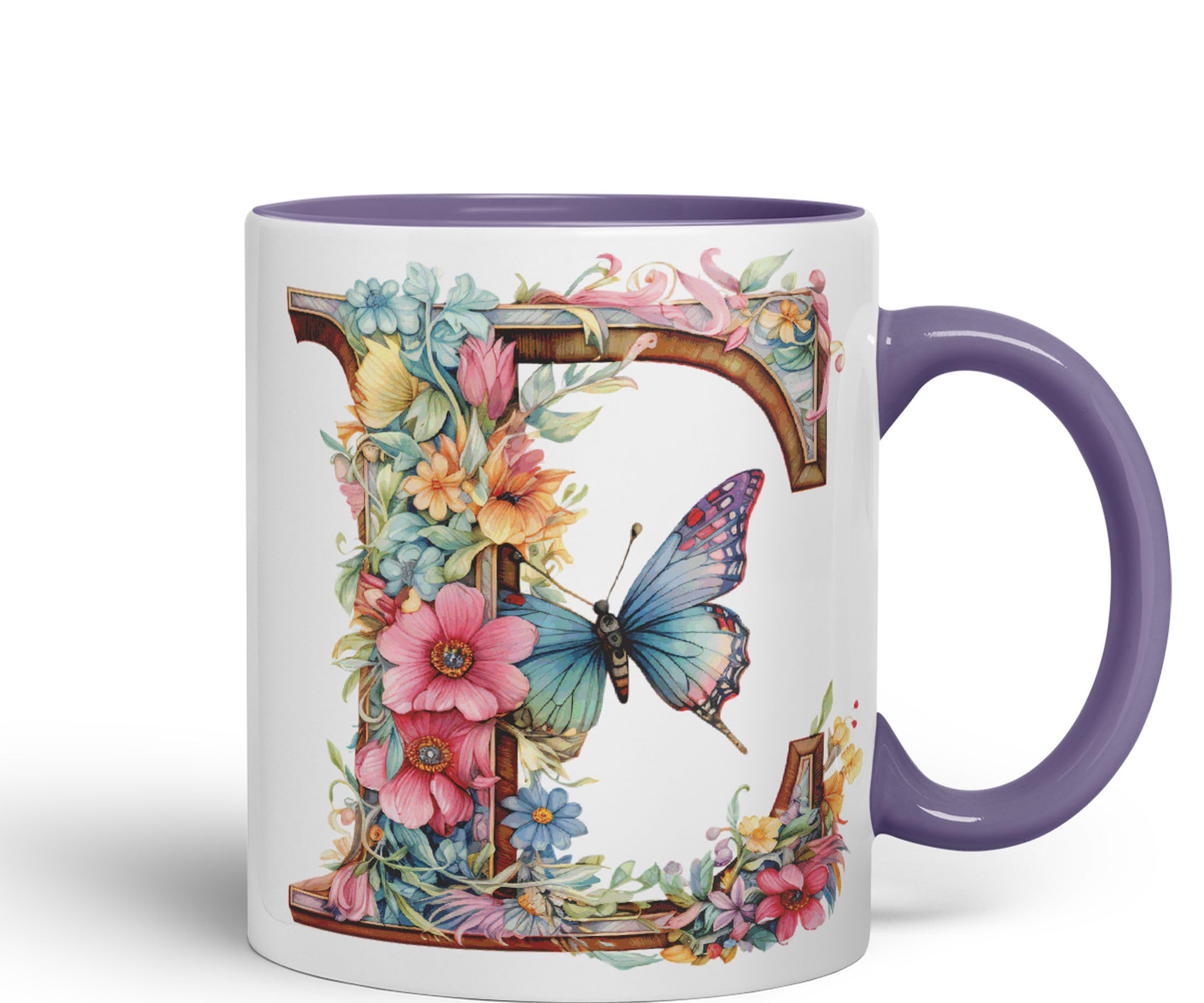 Vixar Letter E Mug, Floral Flowers Butterfly Alphabet Letter E Monogram Watercolour Ceramic Coloured Mug Cup for Tea Coffee Hot Brew 330ml 11Oz Gift (Purple)