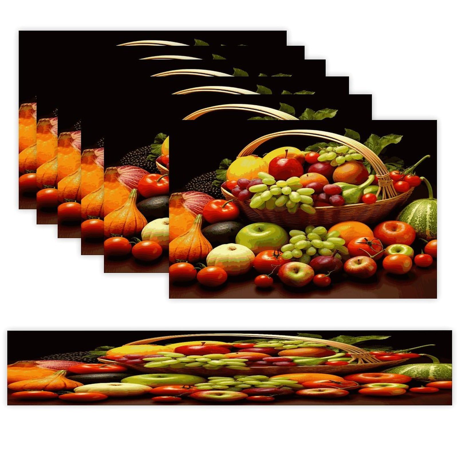 Variety Fresh Vegetables Fruits Table Runner and Placemats Set of 6 Heat Resistant Table Runner Place Mats Modern Cloth Table Mat Washable Linen Placemat Festive Reusable Set
