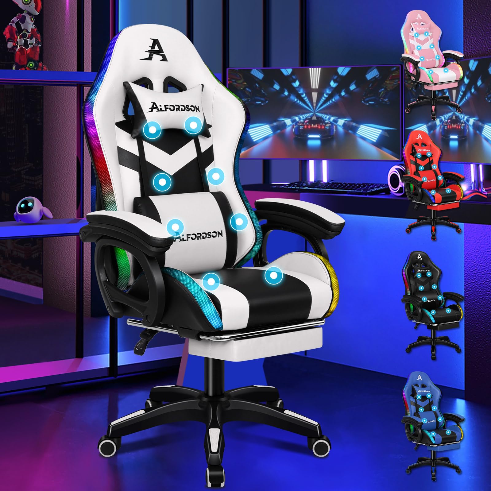 ALFORDSON Sedia da Gaming con LED, Sedia Gamer con Massaggio a 8 Punti, Sedia da gioco ergonomica con Illuminazione RGB con Supporto Lombare e Poggiatesta, Altezza Regolabile, Bianco