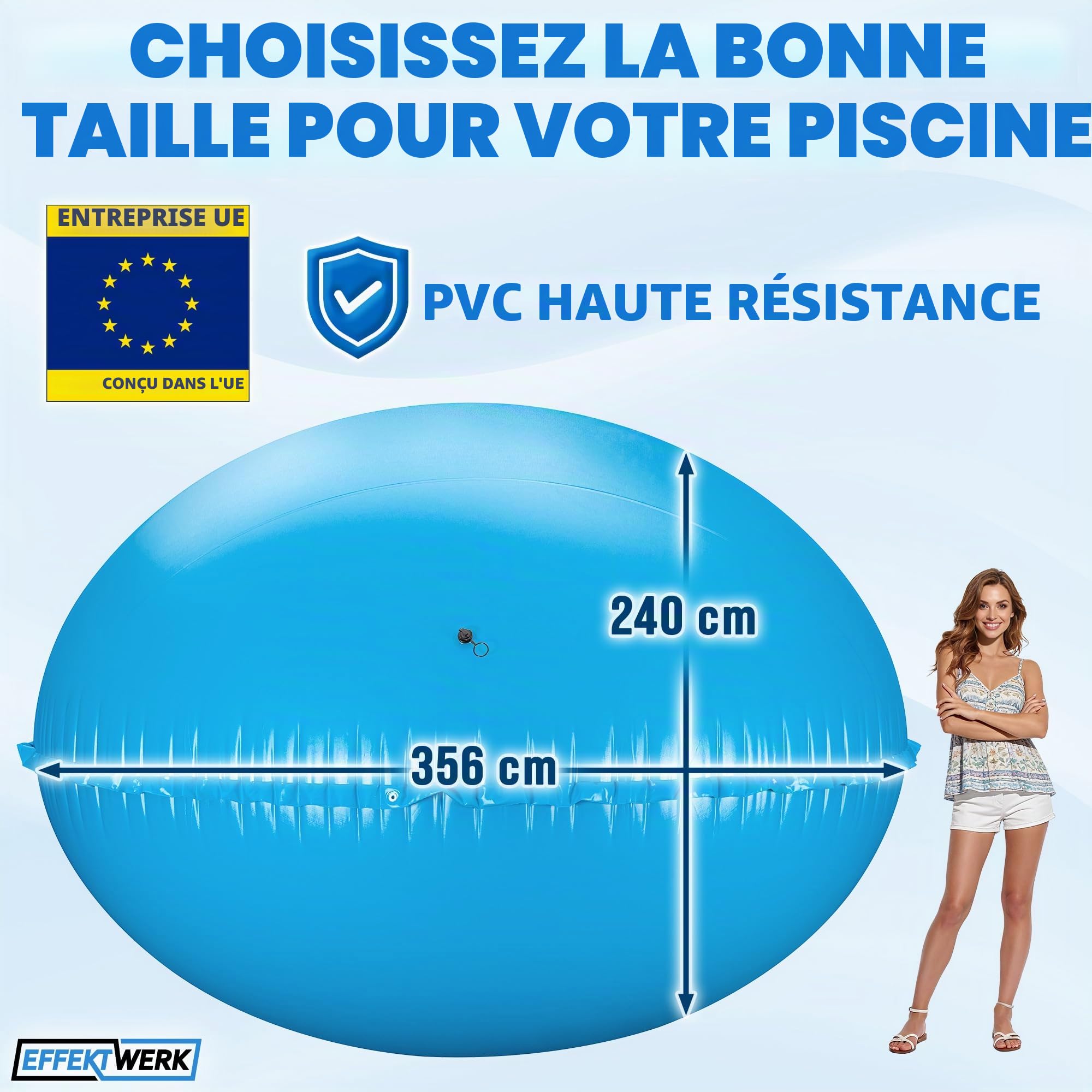Coussin de Piscine pour l’Hiver - Ballon Gonflable Géant de 4m / Équilibreur de Glace pour Piscine Hors-Sol avec Corde de 5m, Rustines et Bouchon de Valve