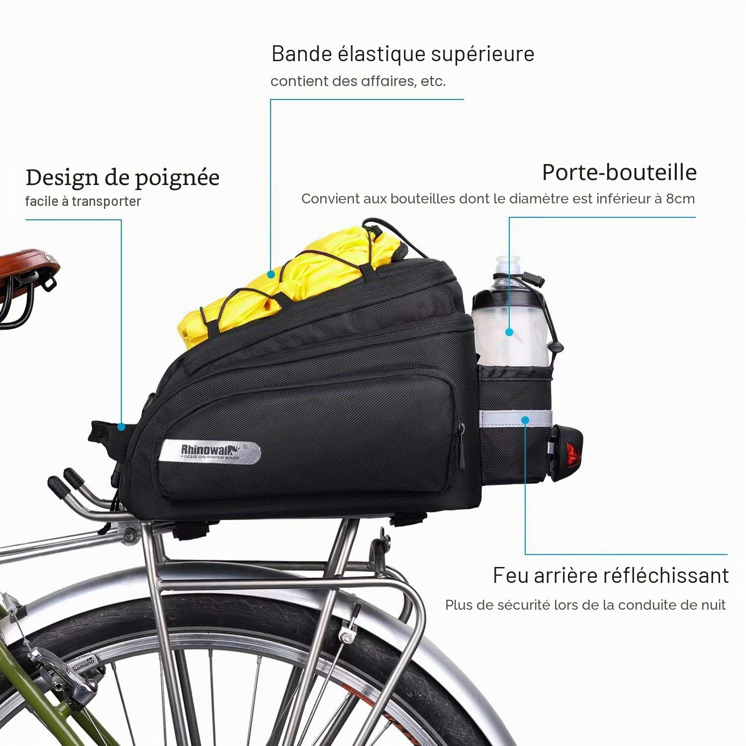Rhinowalk Sacoche de coffre de vélo 12 L avec housse de pluie et bandoulière