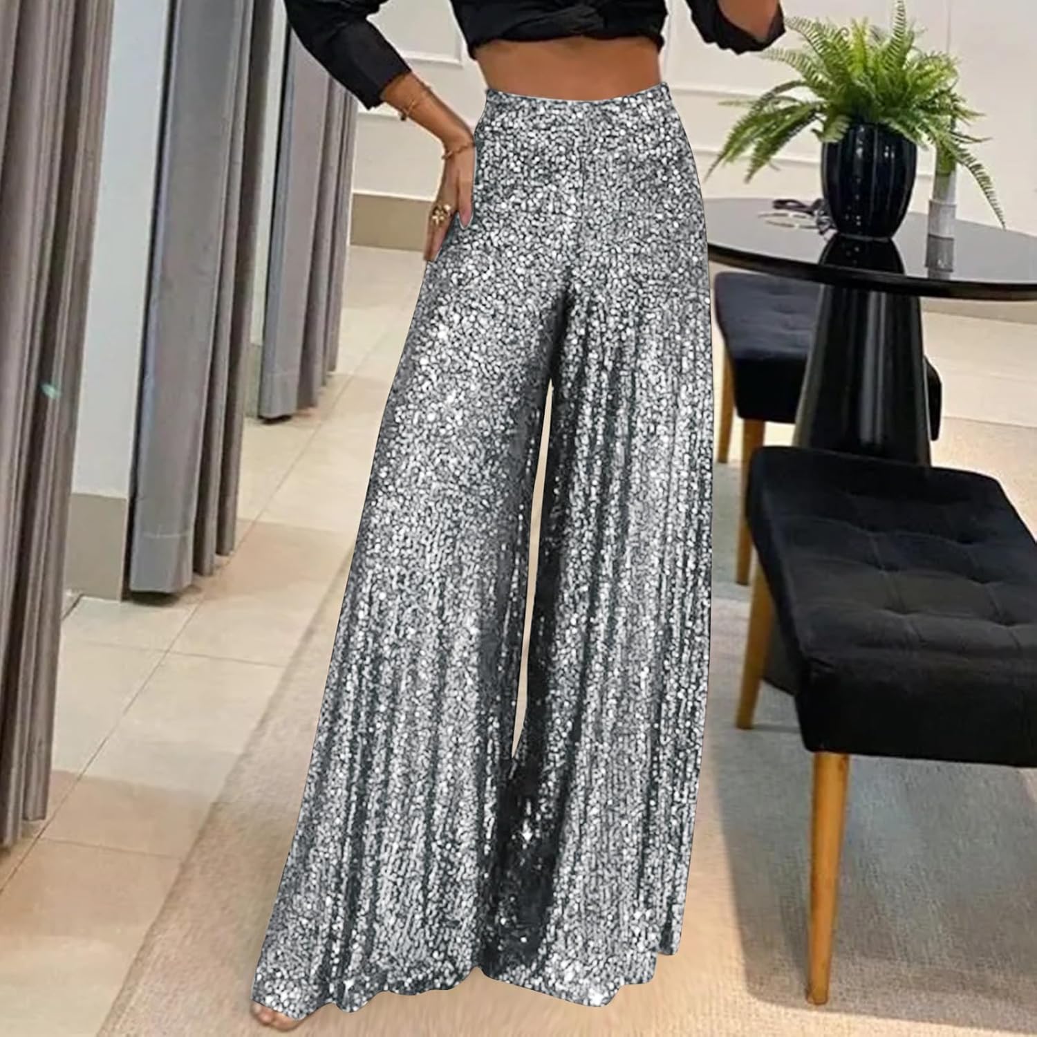 Sparkly Pants for Women Flared Sequin Pants Women High Waist Sparkly Wide Leg Trousers Elastic Loose Shiny Pant