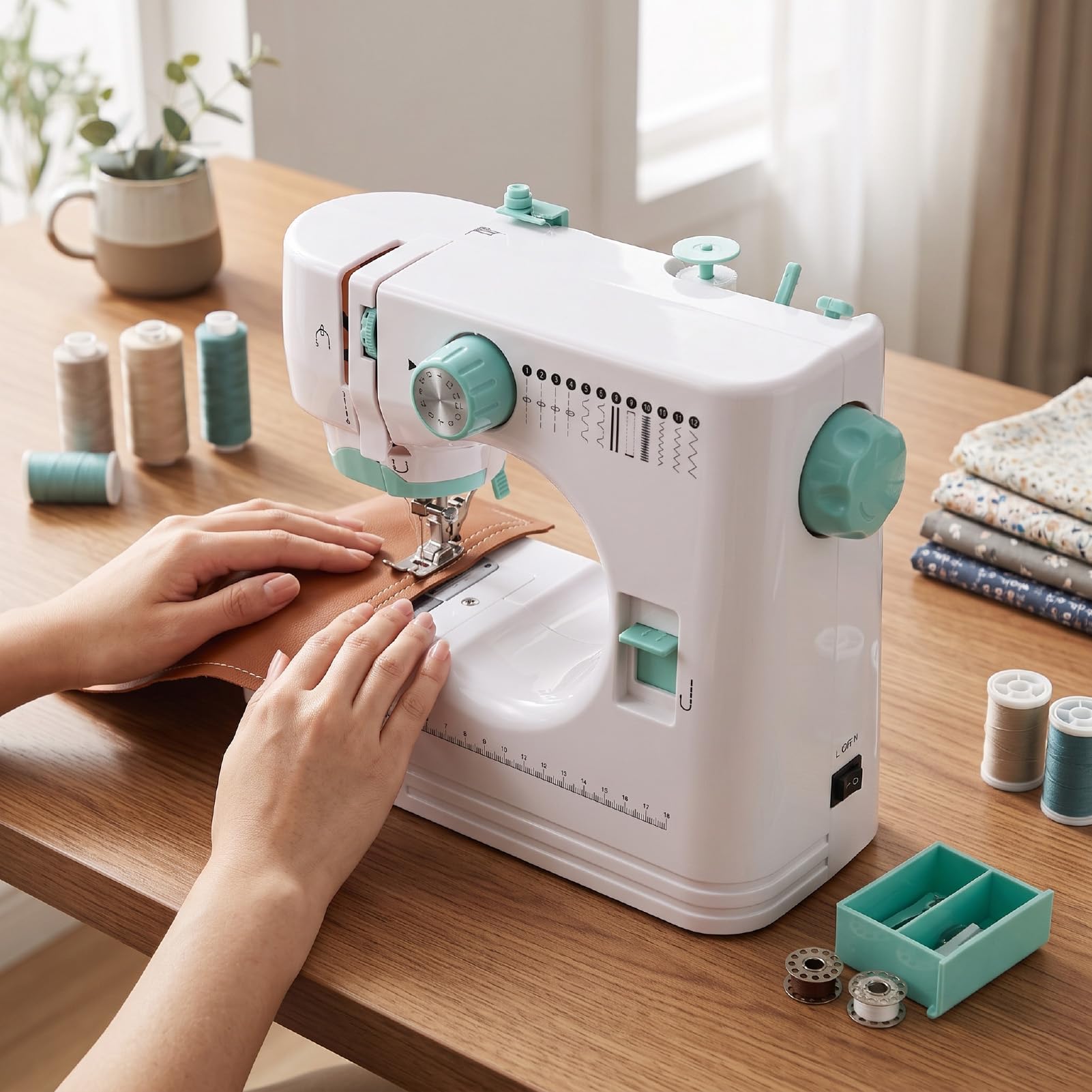 Mini Macchina da Cucire Elettrica, 12 Punti, 2 Velocità con | Con luce LED, retromarcia, asola in 4 passaggi e ago doppio per riparazioni, abbigliamento e progetti creativi