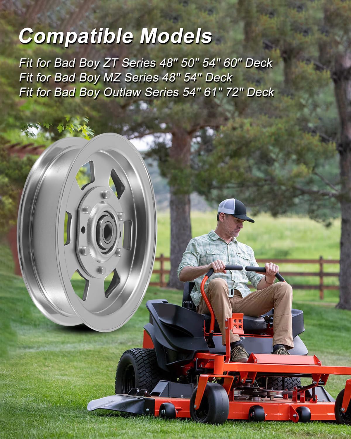 Flat ldler Pulley Fit for Bad Boy ZT 48" 50" 54" 60" MZ 48" 54" Outlaw 54" 61" 72", Replace 033-8000-00 033-2000-00 033-7201-00 033-7201-25, 4 Pcs