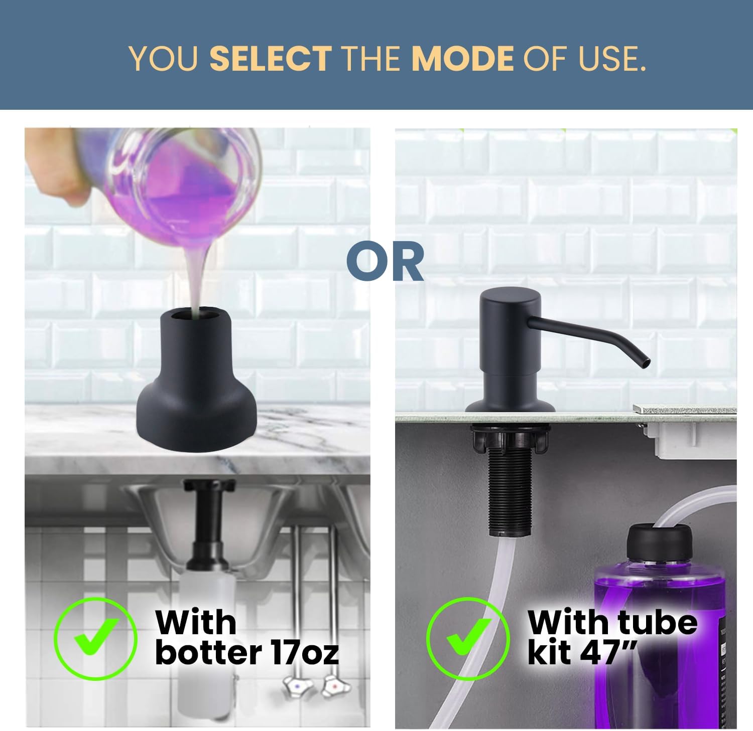 SBEN Built-in Kitchen Sink Soap Dispenser – Stainless Steel Pump, 17 oz Bottle and Extension Tube Kit 47", Upgraded Metal Check Valve, Countertop Hand Soap & Lotion Dispenser (Matte Black)