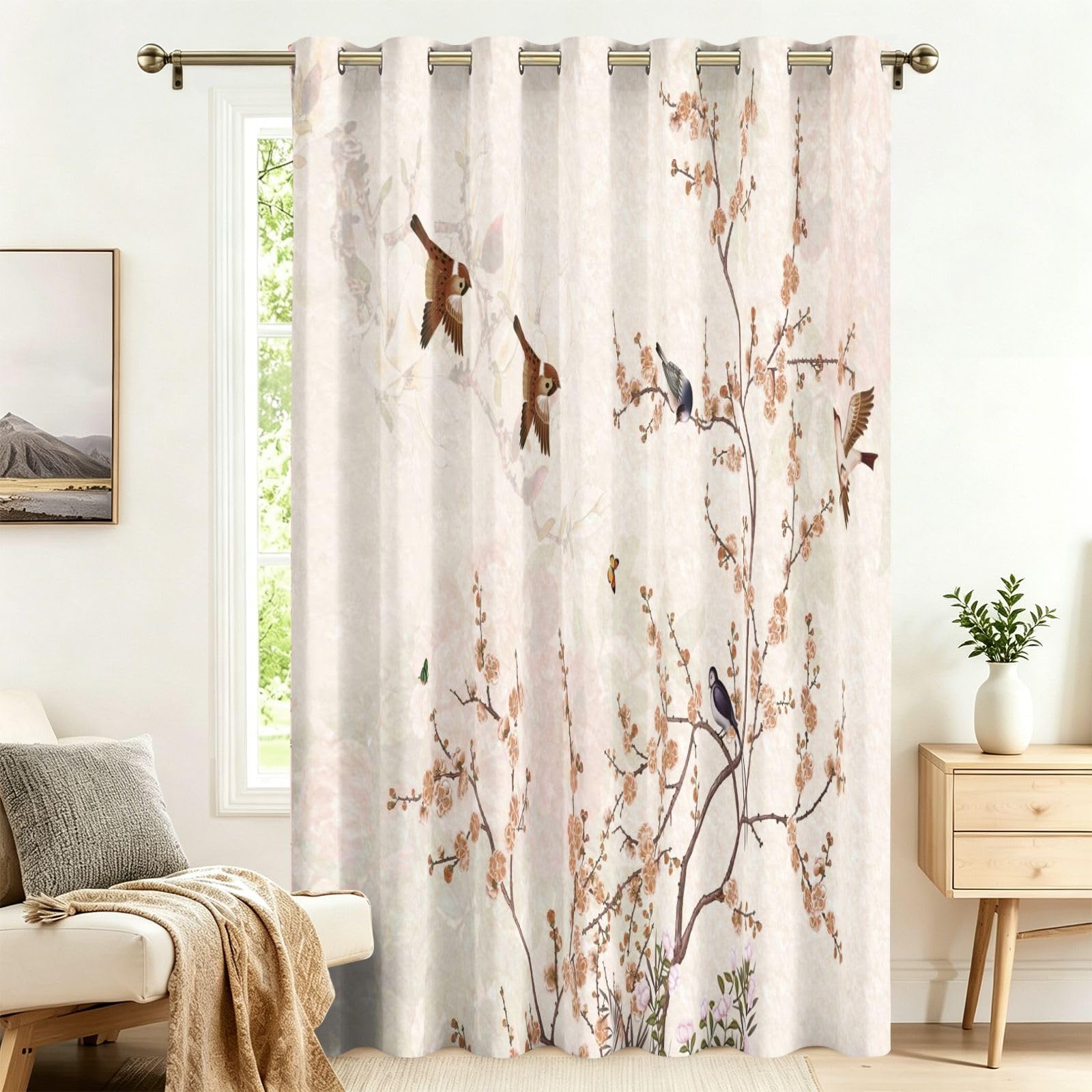 Rideau occultant fleurs et oiseaux 210x200 cm à œillets pour isolation thermique