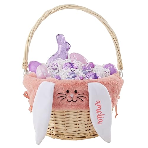 Personalization Universe Cesta de Pascua personalizada de conejo rosa y cesta natural con mango plegable