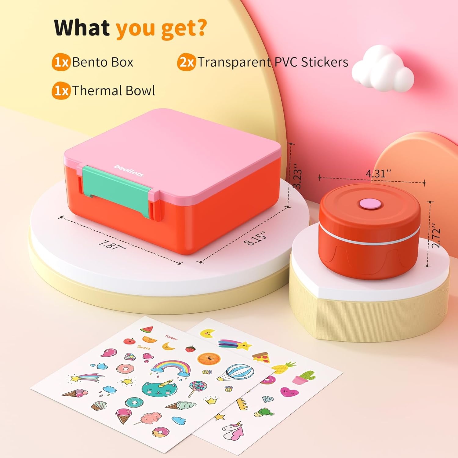 Bento Box for Kids, Lunch Box with Sticker and Leak-Proof Vacuum Food Jar, 4 Compartment BPA-Free Toddler Bento Box for School, Machine-Washable and Removable Compartments for Boy(Pink)