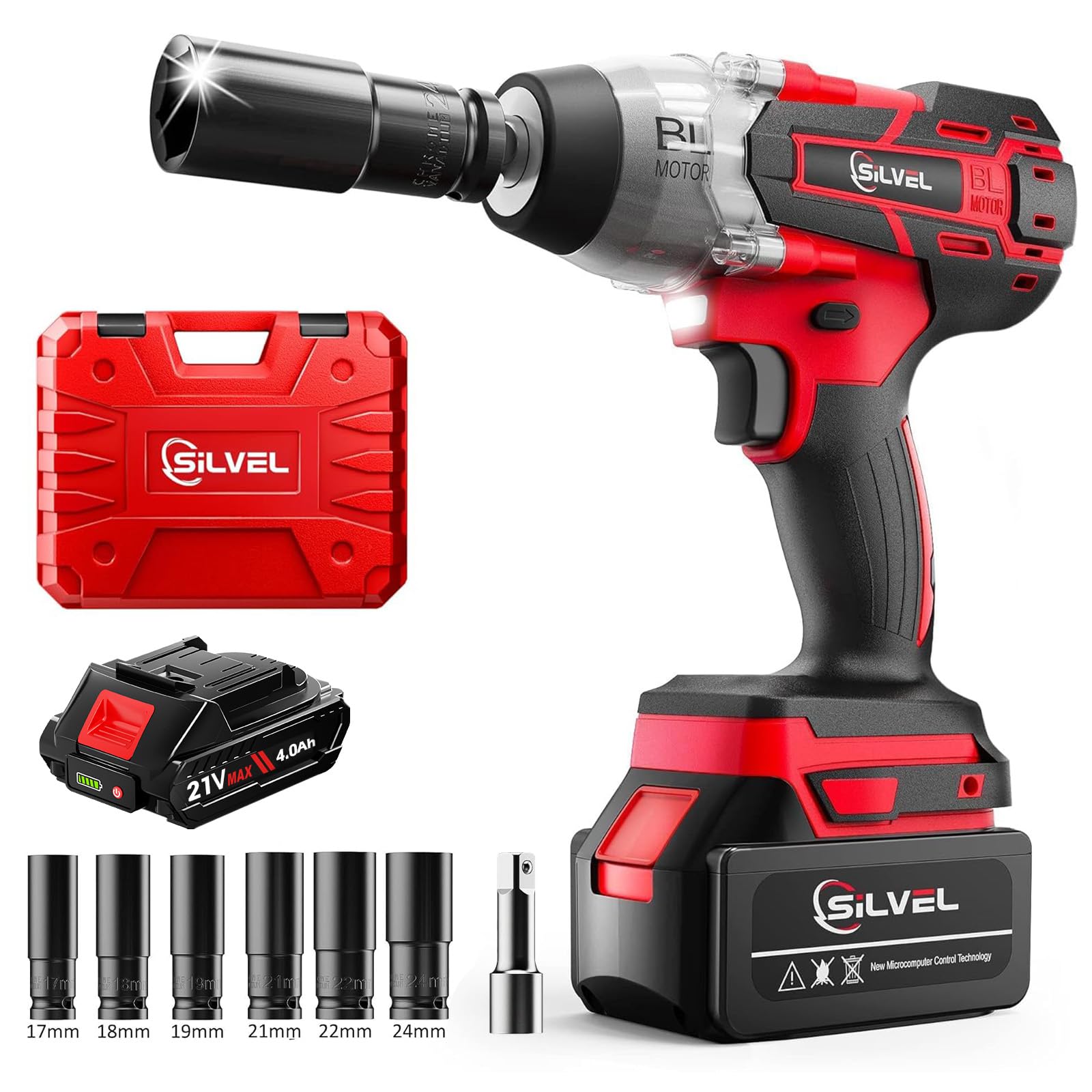 SILVEL Cordless Impact Wrench 1/2 Inch, 517 Ft-lbs (700N.m) Max Torque - 21V Brushless Motor with 4.0Ah Li-ion Battery, Fast Charger & 6 Impact Sockets for Car Repair, Home DIY