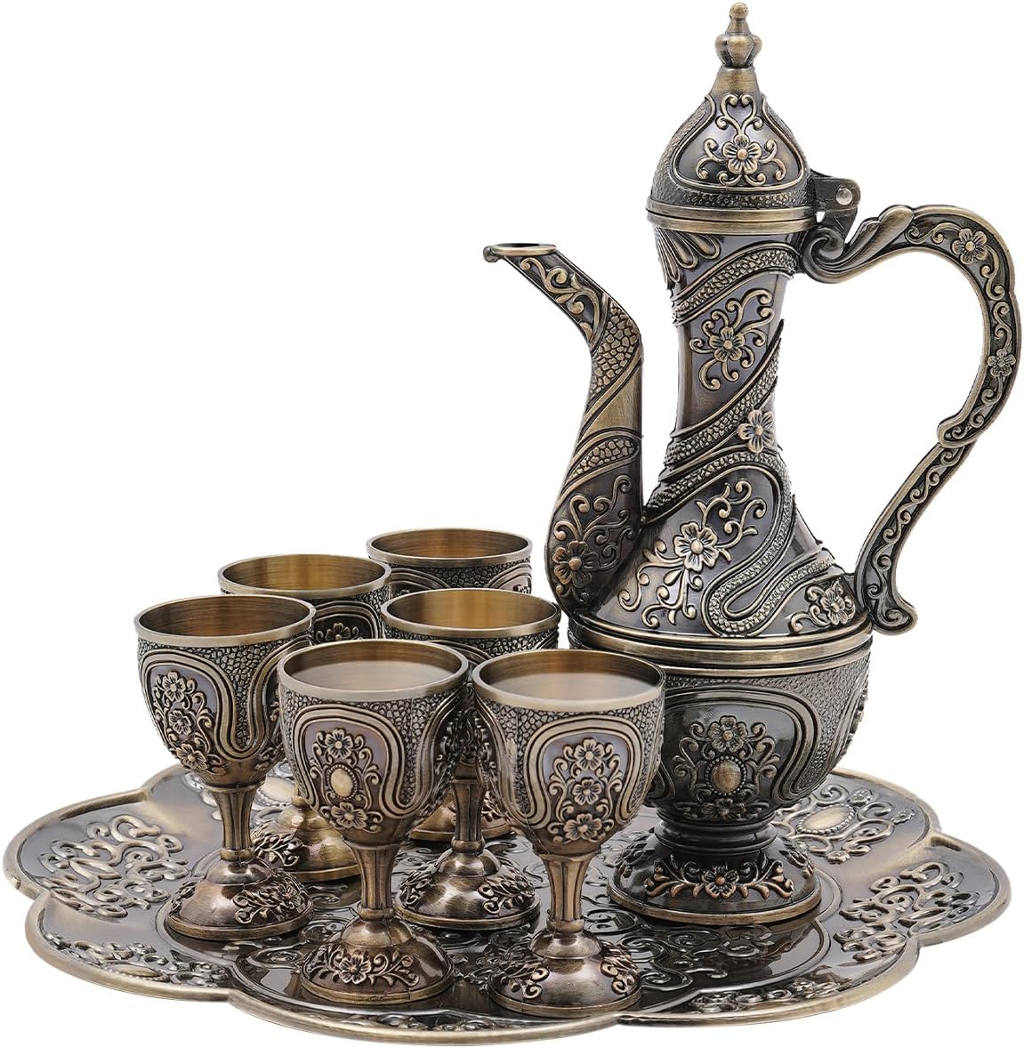 Vintage Tea Set, Tea Tray and Cups for Wine Cabinet Decor, Coffee Pot and Cups Set, Tea Service Set Including Teapot,Cups,Tea Tray, for Living Room, Dining Room, Bedroom, Coffee Shop (Bronze)