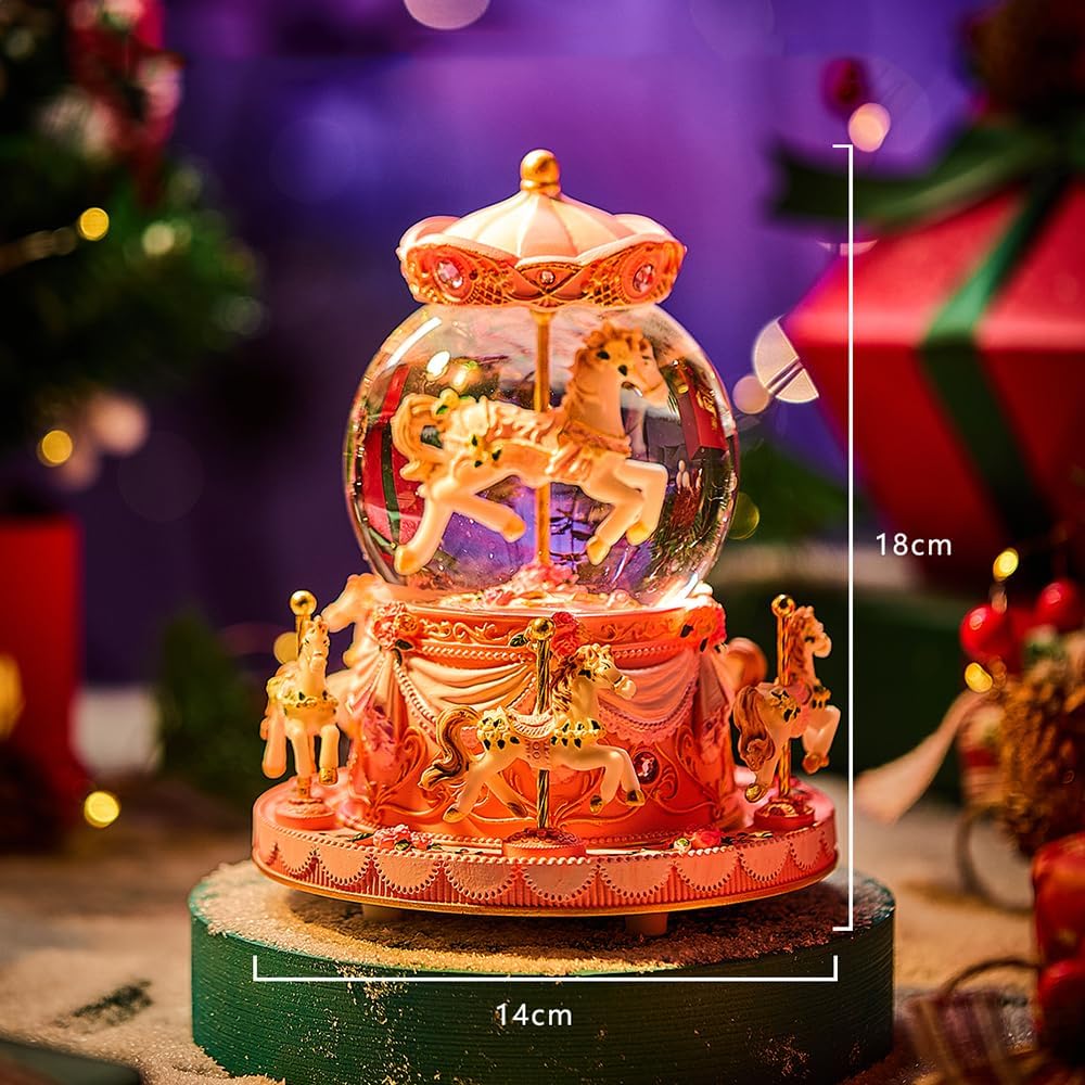 Gift Wrapped Carousel Music Box Rotating Snow Globe Light-Up Pink Unicorn Design, Decorative Merry-go-Round Musical Box with Gift Packagings Christmas Birthday Gifts You are My Sunshine - Image 7