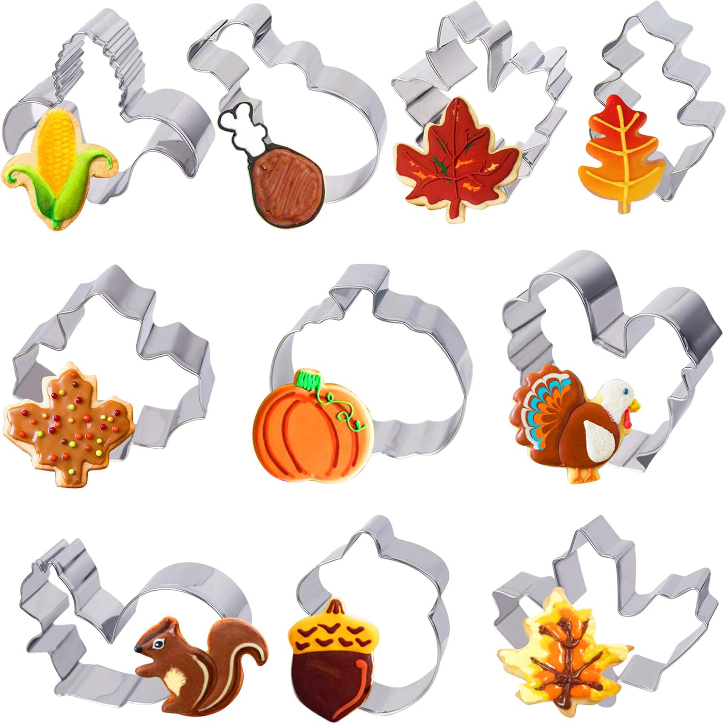 Fall Thanksgiving Cookie Molds Cutters Set - 10 PCS Autumn Season Cookie Molds Stainless Steel - Pumpkin, Turkey, Maple Leaf, Oak Leaf, Turkey Leg, Squirrel and Acorn Cutters