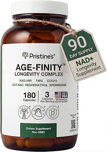 PRISTINE'S Age Finity NAD+ Suplemento de optimización celular - NAD, NR, TMG, CoQ10, GlyNAC, Resveratrol, espermidina - Energía celular y apoyo