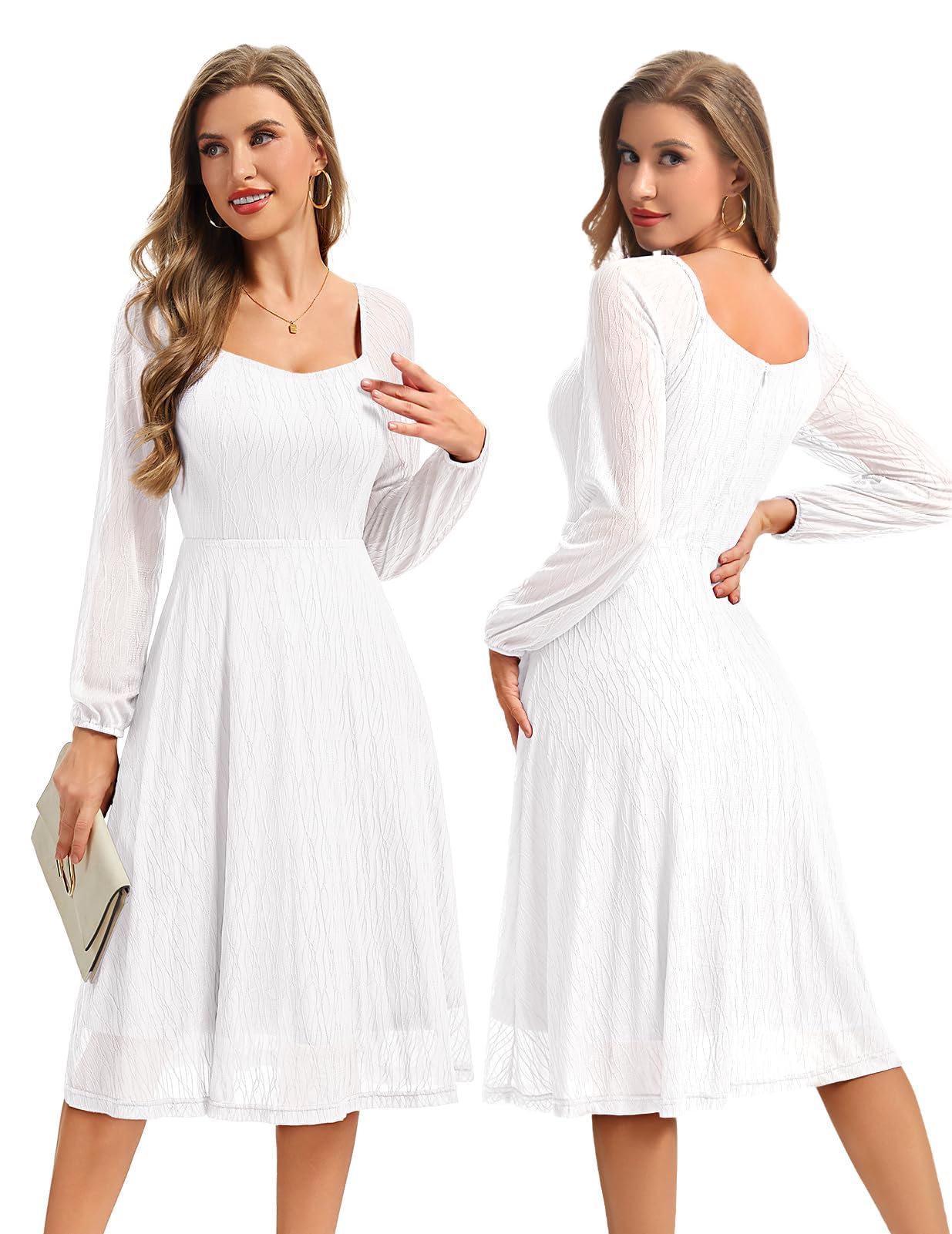 Bbonlinedress Midi cocktailjurk formele bruiloftsgast 3/4 mouw A-lijn theekransje swing vierkante kerk werkjurk, Wit, XL