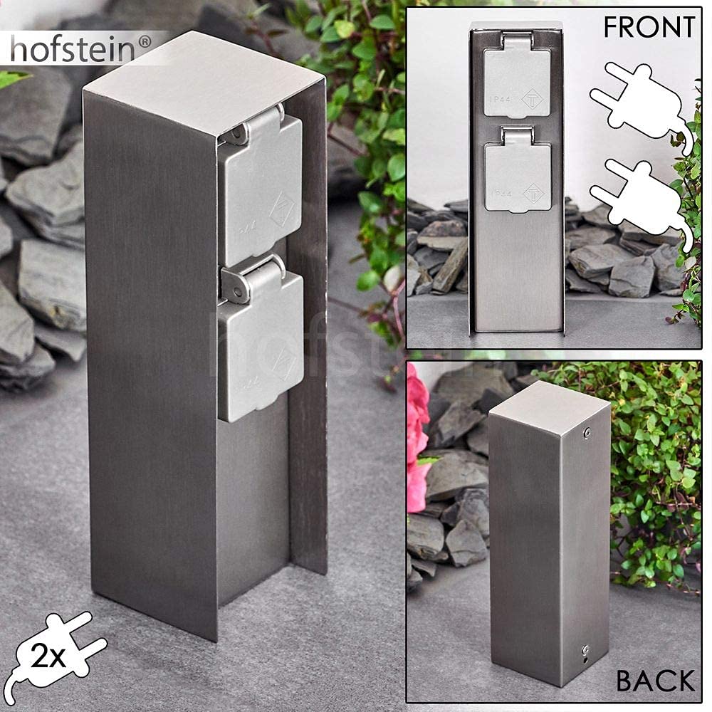 Presa da esterno Abilene, presa da giardino in metallo in acciaio inox/grigio con 2 prese e coperchi incernierati per installazione permanente, presa multipla per uso esterno, IP44