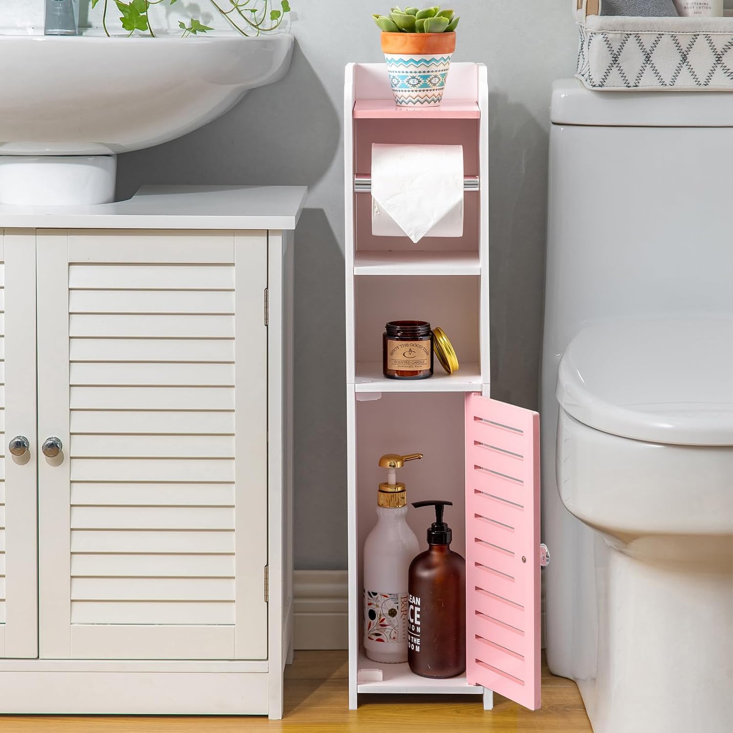 AOJEZOR Toilet Paper Holder Stand: Small Bathroom Storage Cabinet - Rose Dawn - White