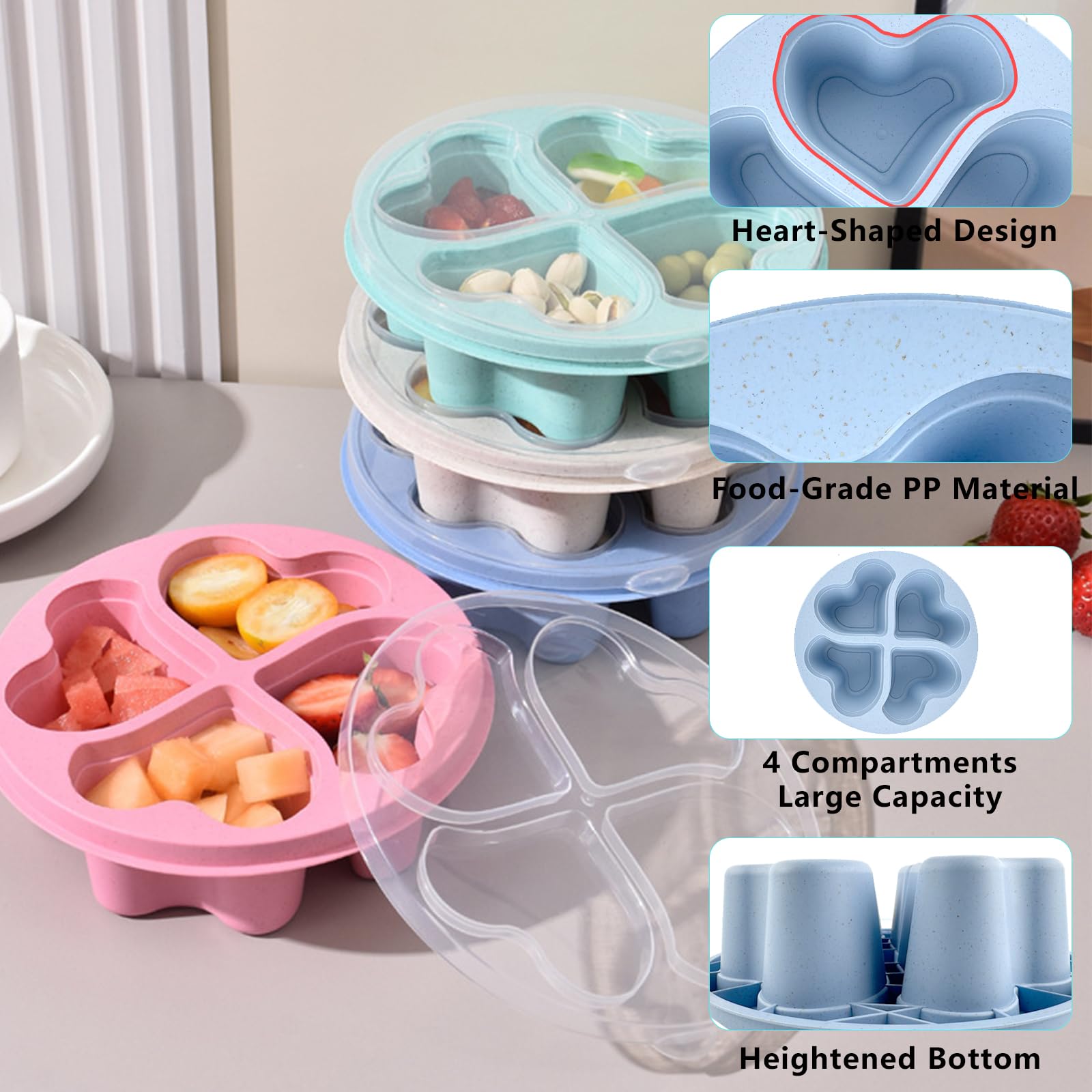 4 Scatole Per Snack A Scomparti A Forma Di Cuore: Bento Box Riutilizzabile Per Bambini E Adulti, Verde/Blu/Rosa/Beige - 2