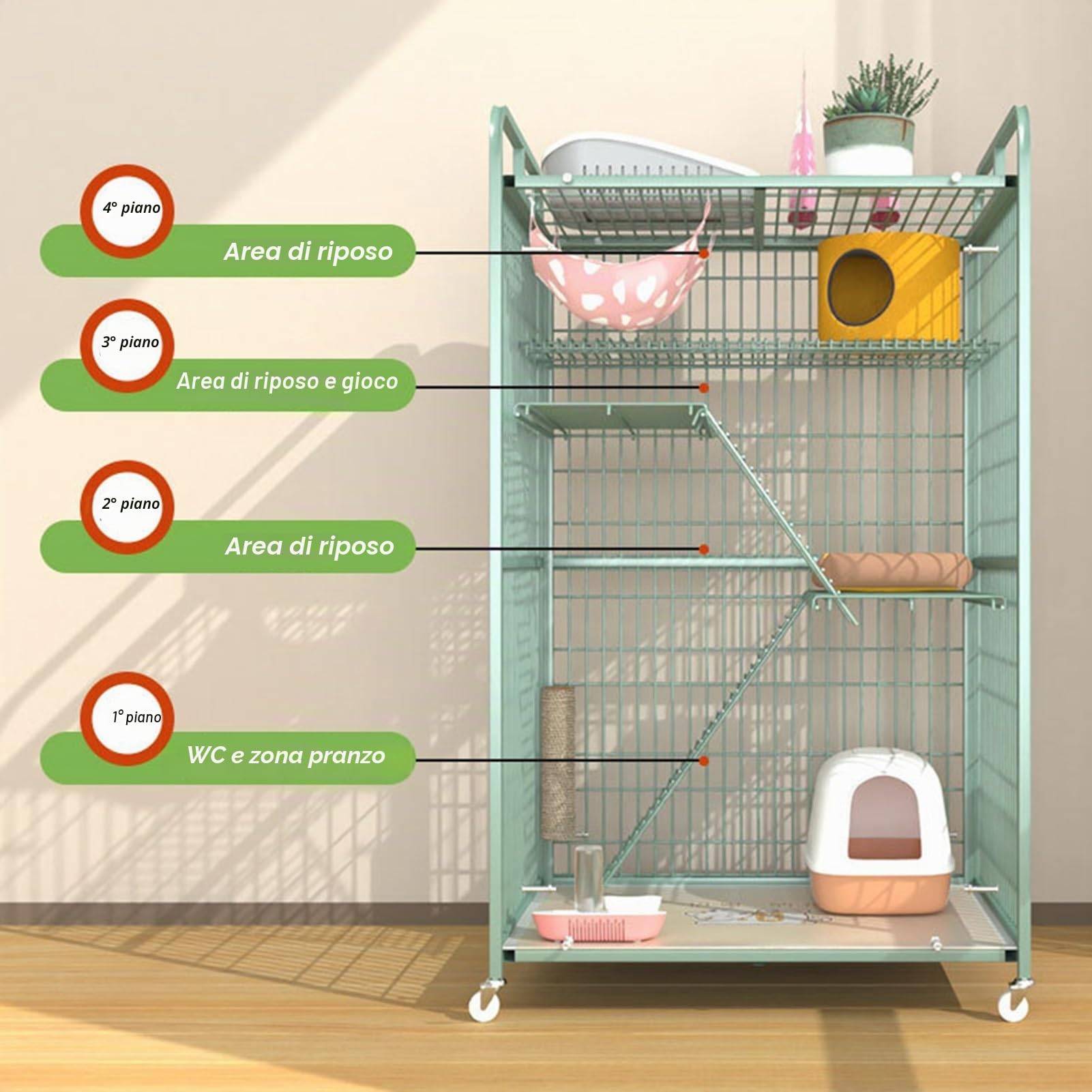 Gabbia per gatti a 3/4 livelli con ruote, grande recinto per gatti da interno esterno con piattaforme, casetta,per gatti spaziosa, playpen sicuro ideale per gioco e relax