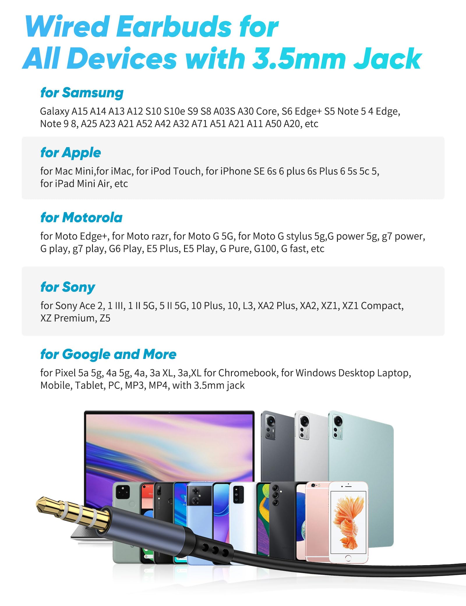TOPAUX Przewodowe słuchawki douszne 3,5 mm z redukcją szumów z mikrofonem do Steam Deck Chromebook PC komputera 3,5 Jack, przewodowy zestaw słuchawkowy do gier Moto G 5G Stylus Play Power, Samsung A15