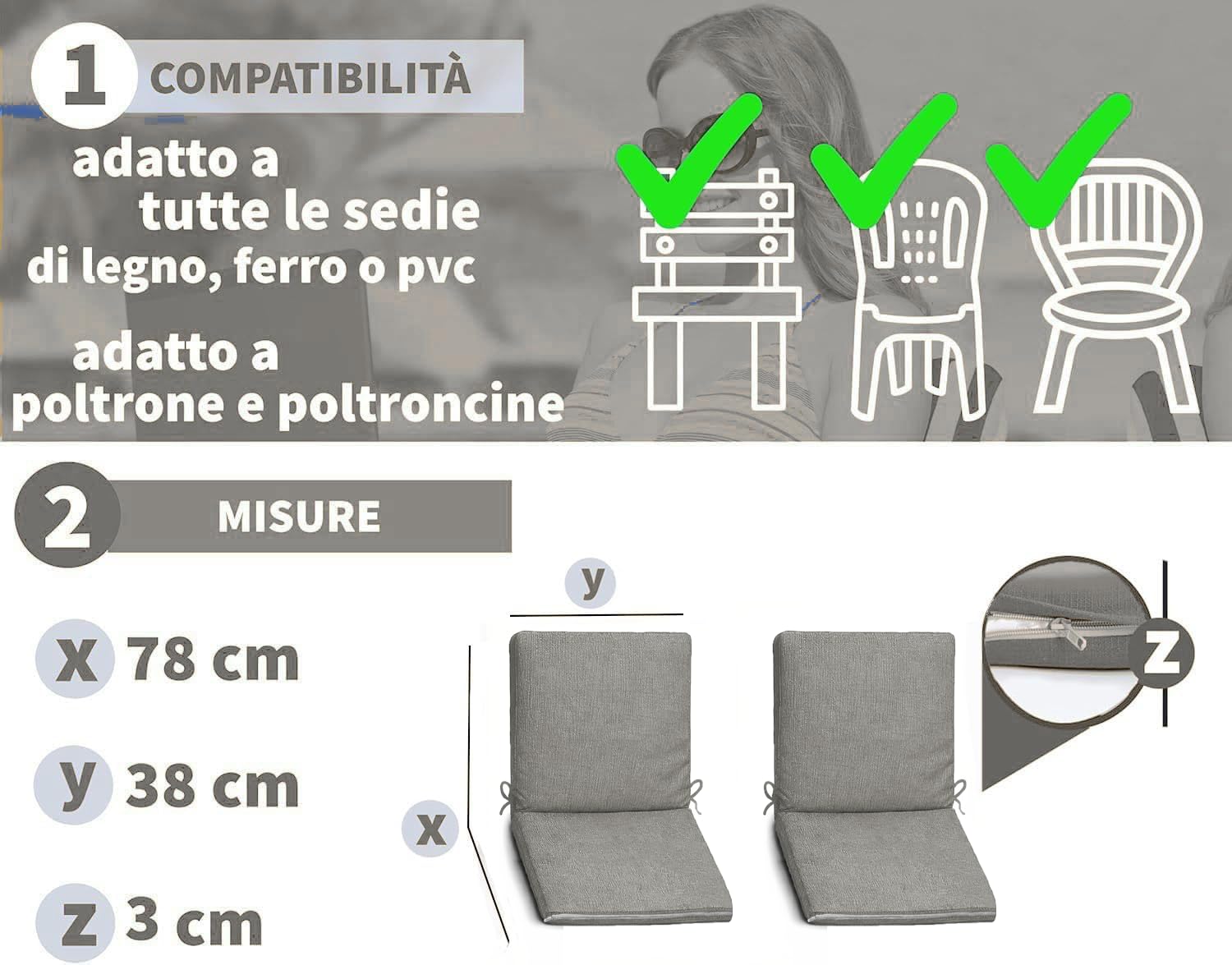 HAND Cuscino con Schienale per Sedia - Cuscini Sedie Interno ed Esterno, Morbida Imbottitura, Per Giardino o Casa - Made in Italy (2, Ecrù, 90x41 cm)