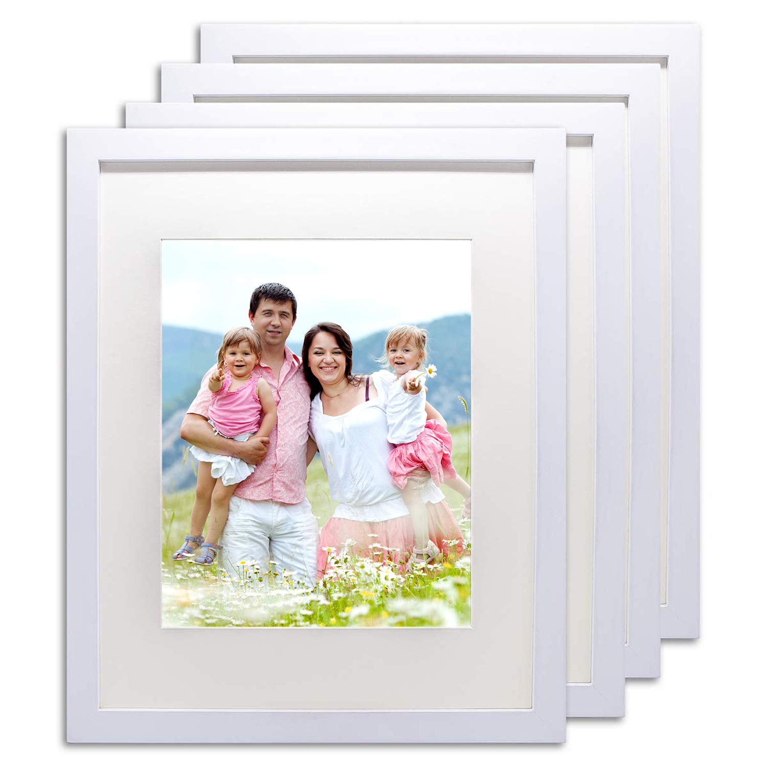The Display Guys - 4 Sets 16x20 inches White Solid Pine Wood Photo Frame, Tempered Glass With White Core Mat Boards for 11x14 Picture + Collage Mat Boards for 4-4x7 Picture