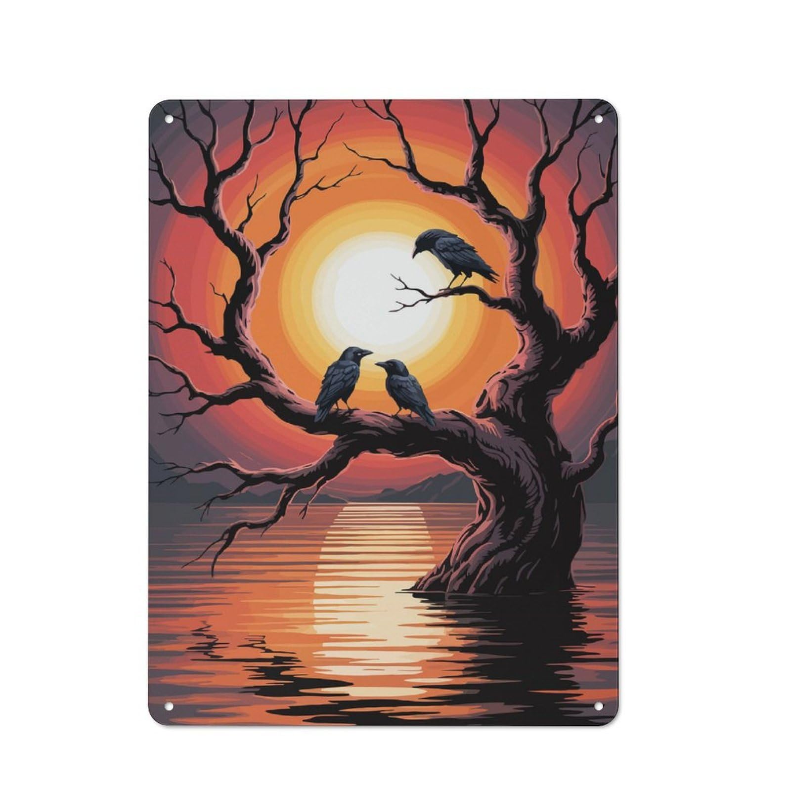 Retro Metal Sign 40x30cm Featuring Crows on A Tree at Sunset, Home Bar Decor for Pub, Home Bar, Shed Or Man Cave