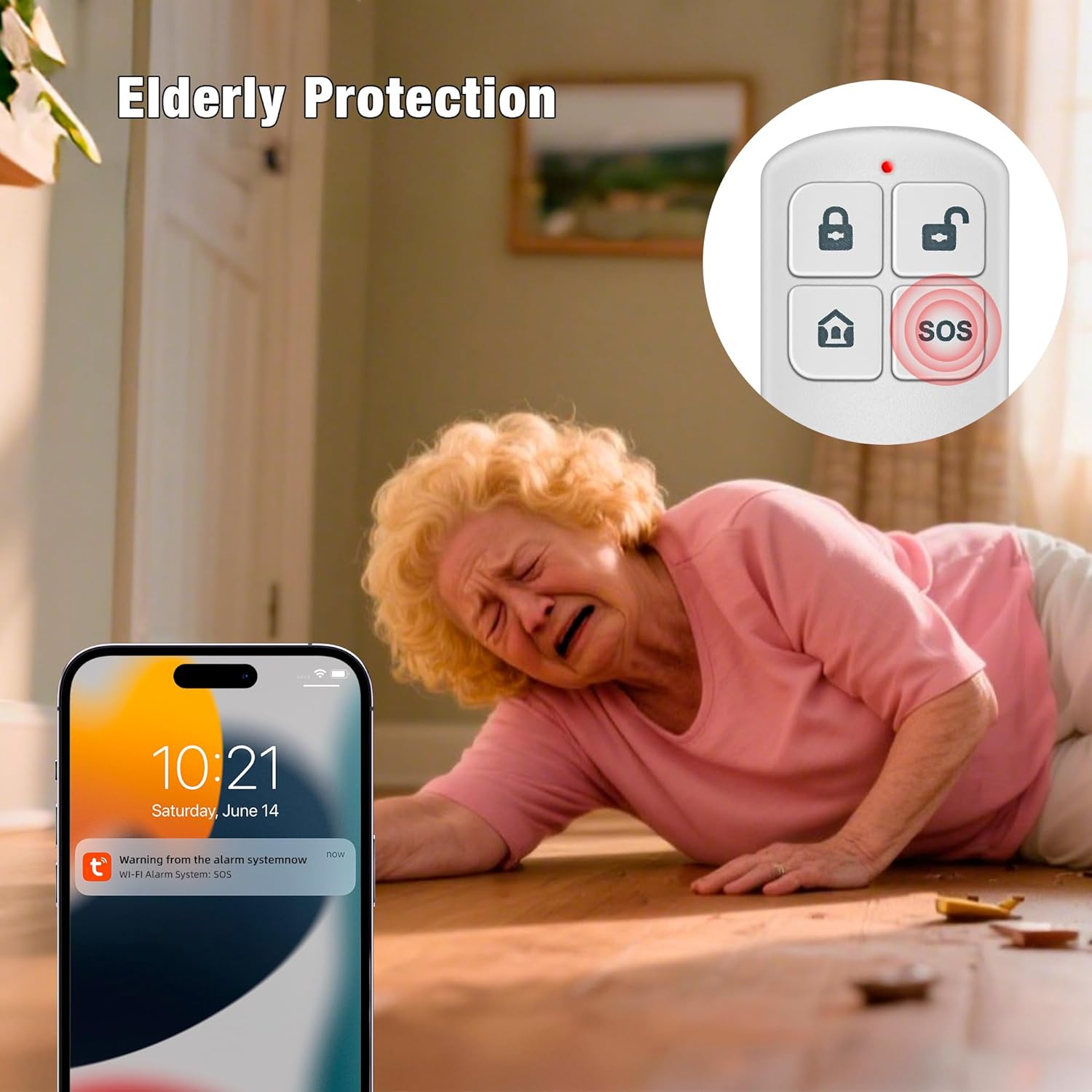 Image showing the Wi-Fi siren unit and a remote control, illustrating the system's components.