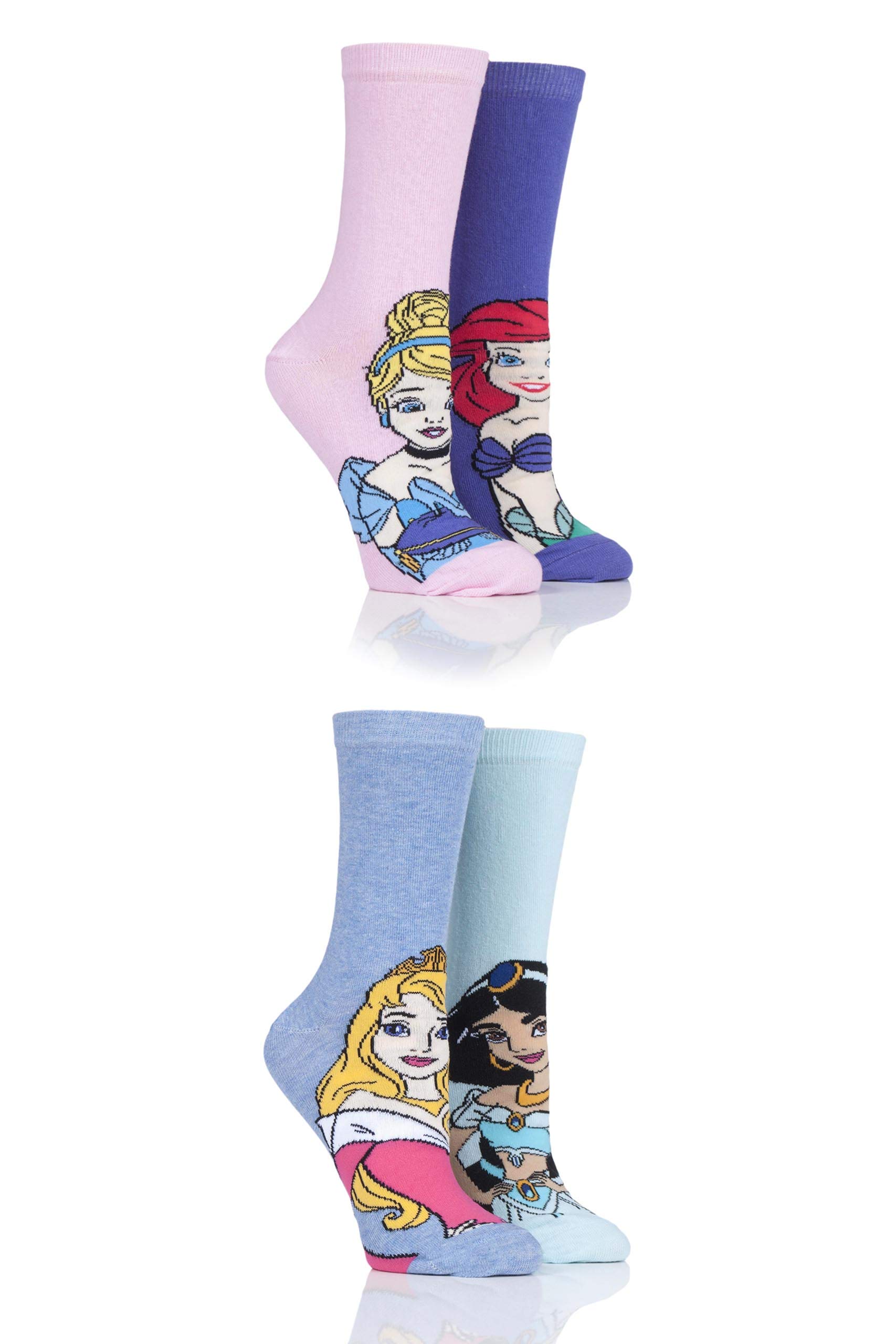 SockShop Ladies Disney Princesses Sleeping Beauty, Cinderella, Jasmine and Ariel Socks Pack of 4 Assorted 4-8