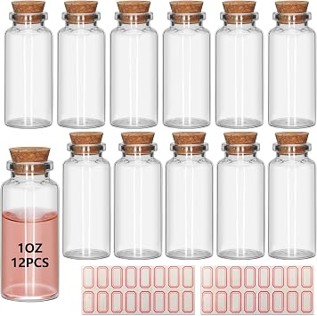12Pcs 1oz Small Glass Mini Jars with Cork Lids Message Bottle Terrarium Jar Tiny Wishing Bottles miniature Sand Art Bottles Sample for DIY Crafts 12, 1oz