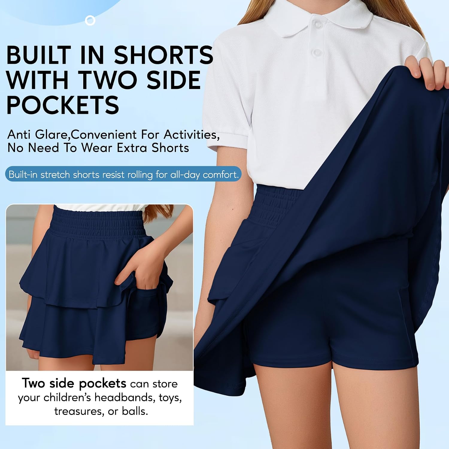 Zando Girls Skirt Kids Athletic Casual Tiered Smocked Ruffle Mini Skirt School Uniform Skort with Shorts for 3-10 Years