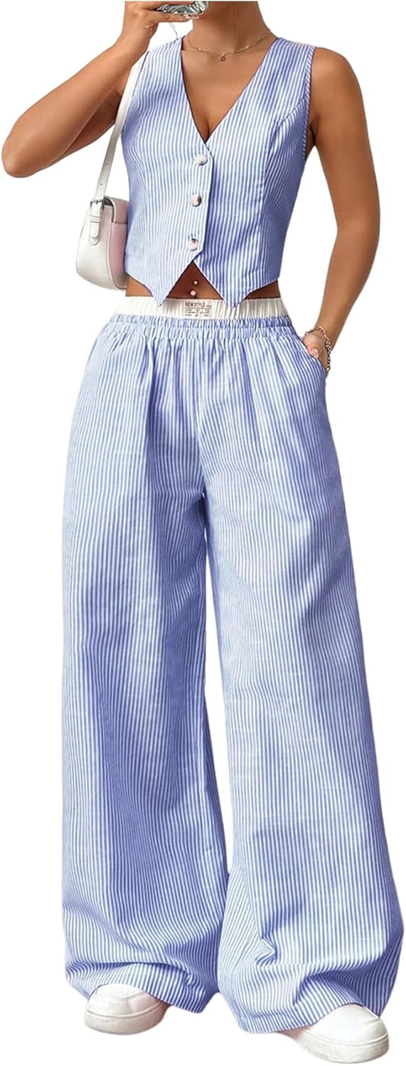 Milumia Women's 2 Pcs Outfits Striped V Neck Button Blazer Vest Pants Tracksuit