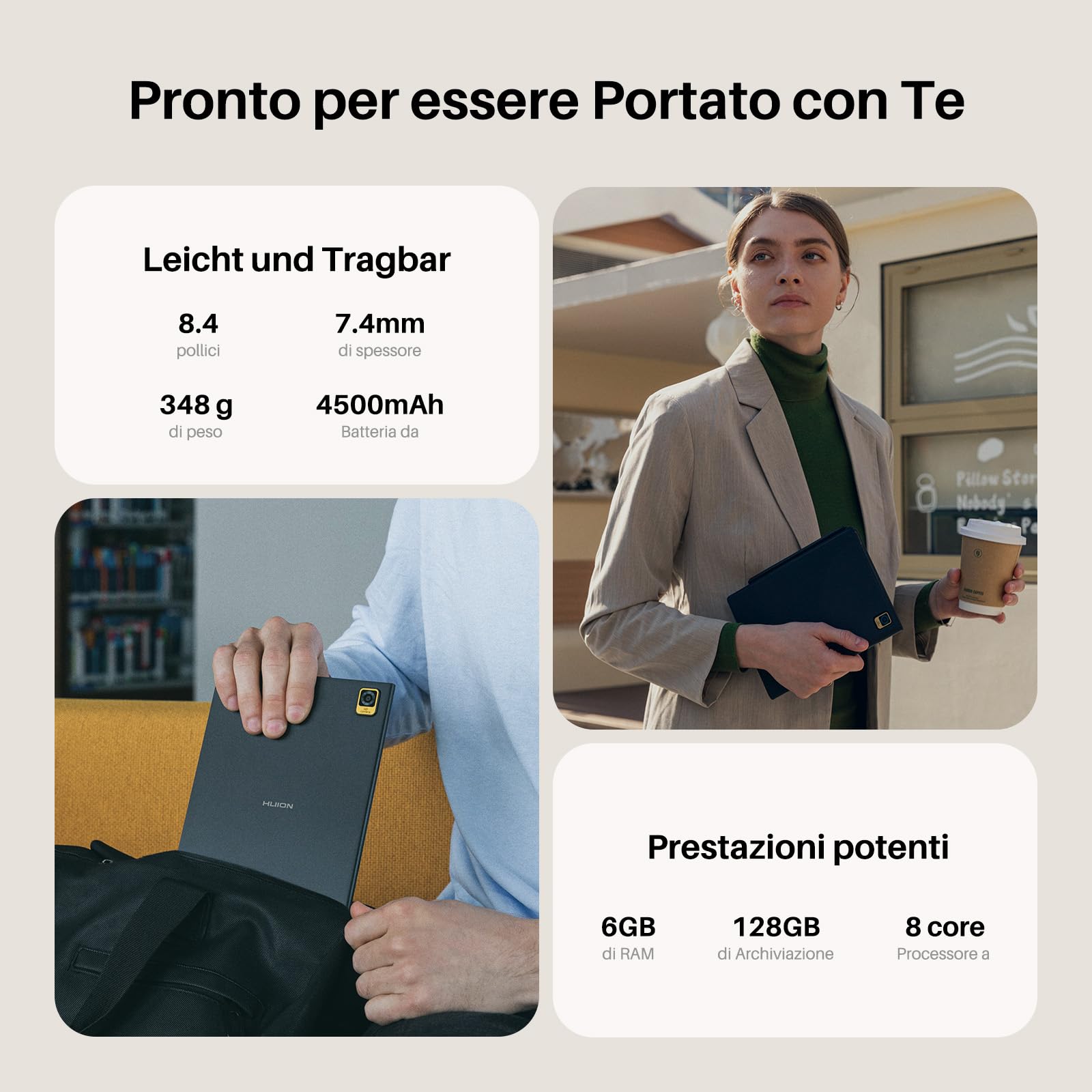 Huion NoteE 8,4”Taccuino elettronico Android, penna magnetica senza batteria con 8192 livelli di sensibilità alla pressione, memoria da 6+128GB, lettore di impronte digitali, sincronizzazione su cloud