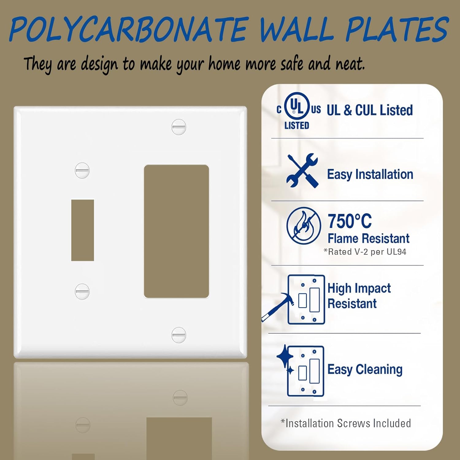 Light Switch/GFCI Device Wallplate,2-Gang (1-Toggle,1-Light Switch Wall Plate Combination),Smooth Face, White,Standard Size 4.50" x 4.57",Unbreakable Polycarbonate Thermoplastic,UL Listed,2-Pack