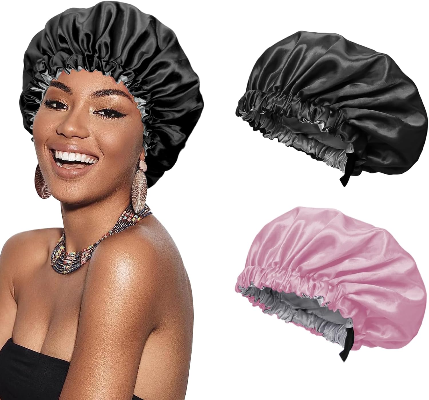 Cuffia Capelli Ricci Notte In Raso - Con 2 Elastici, Per Capelli Lunghi E Ricci - Foto 4