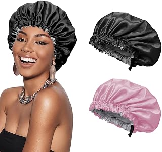 Euqvunn 2 Pieces Silk Sleeping Cap, Adjustable Wide Elastic Band Satin Sleeping Caps, Two-tone Double Face, Suitable For Nocturnal Sleep, Protection For Long/Straight/Curly Hair (Black Pink)