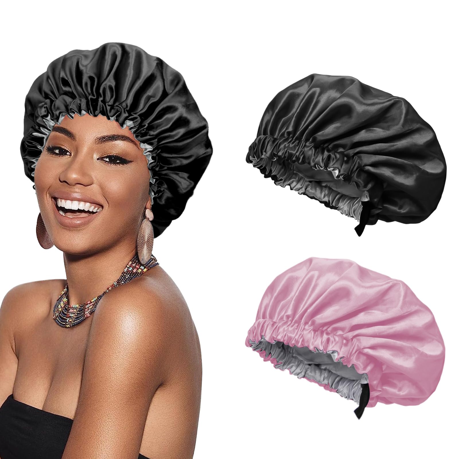 Euqvunn 2 Pezzi Cuffia Seta Capelli Notte, Regolabile con Ampia Fascia Elastica, Doppia Faccia a Due Colori Cuffia Seta Capelli Ricci, Adatto Protezione per Capelli Lunghi/Ricci