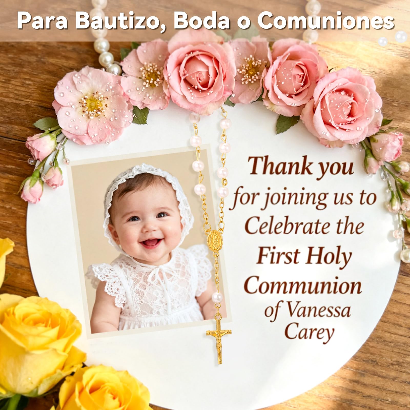 LEMESO 20 Piezas Recuerdos para Bautismo Comunión Rosario con Cruz Decorativo, Regalos Bautizo para Invitados, Detalles de Boda y Baby Shower, Dorado