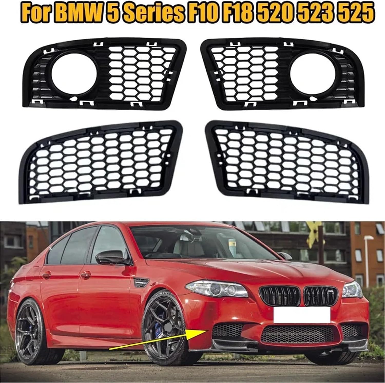 For BMW 5 Series F10 F18 520 523 525 Modified M5 Front Bumper Fog Lamp Net Frame Grille Cover 1 Pair(Install fog lamp net)