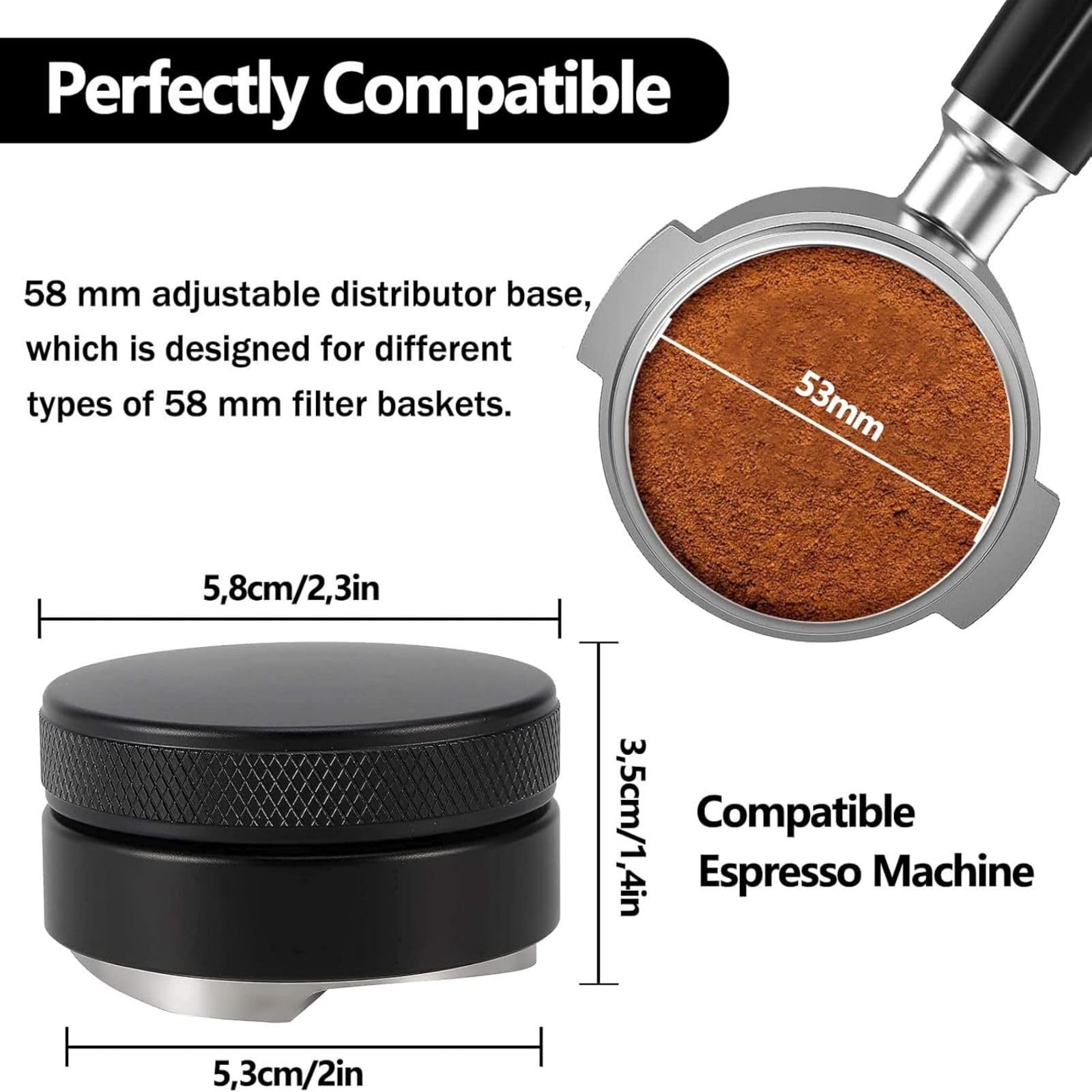 Distributore Caffè 53mm In Alluminio - Spianatrice Per Caffè Macinato, Regolabile 1-5mm, Nero - Foto 4