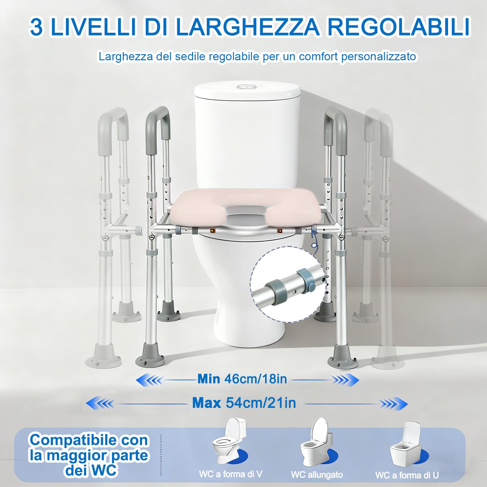 NJUN Rialzo WC per Anziani, Sedile del Water Rialzato con Braccioli, Regolabile in Altezza 66-84 cm, Comoda WC Alzata Water per Anziani con Seduta Imbottita e Telaio in Alluminio, Braccioli per WC