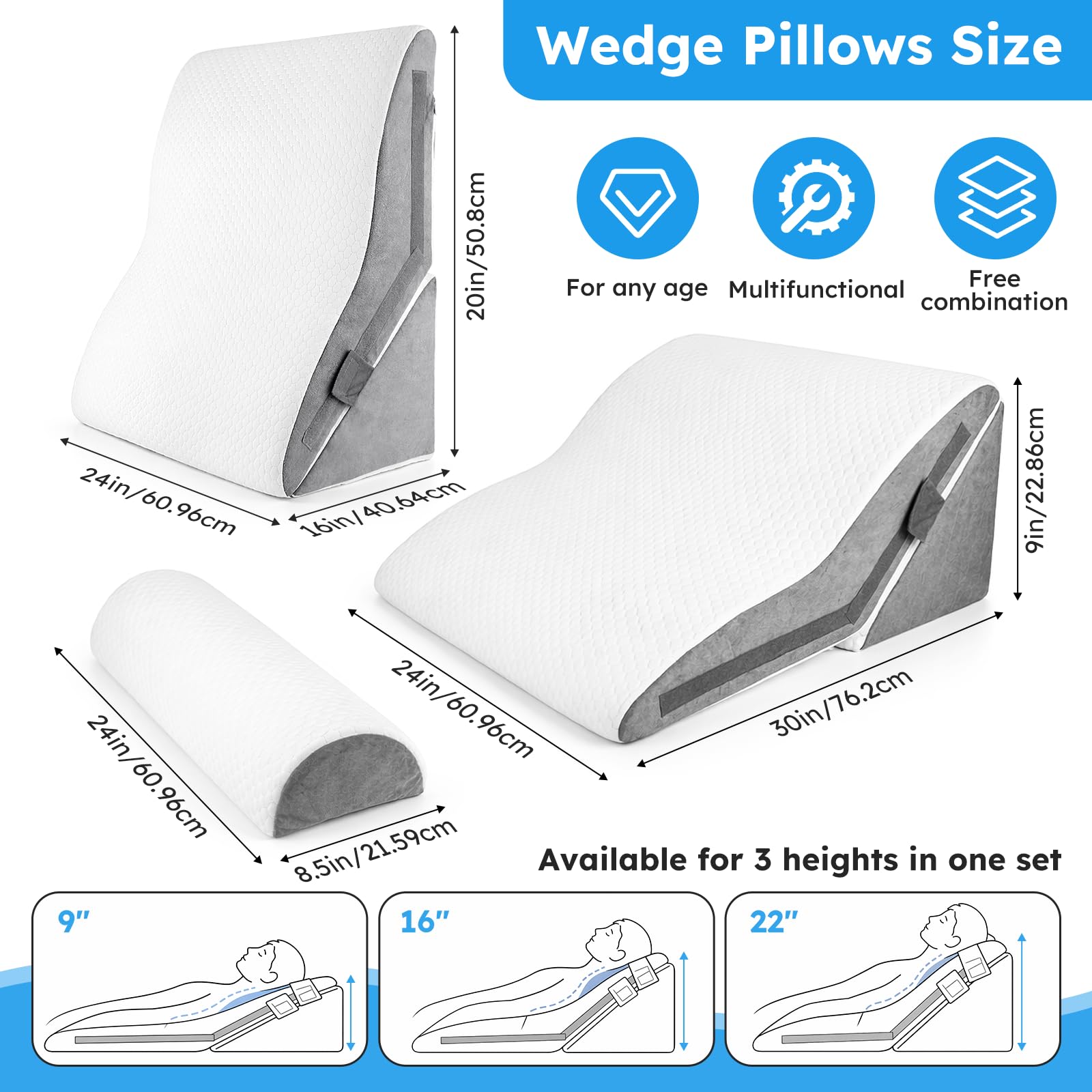 Cuscino a cuneo per dormire, in memory foam, con poggiatesta, inclinazione regolabile, cuscino triangolare rialzato per reflusso acido, sollievo dal mal di schiena, russare, supporto per gambe