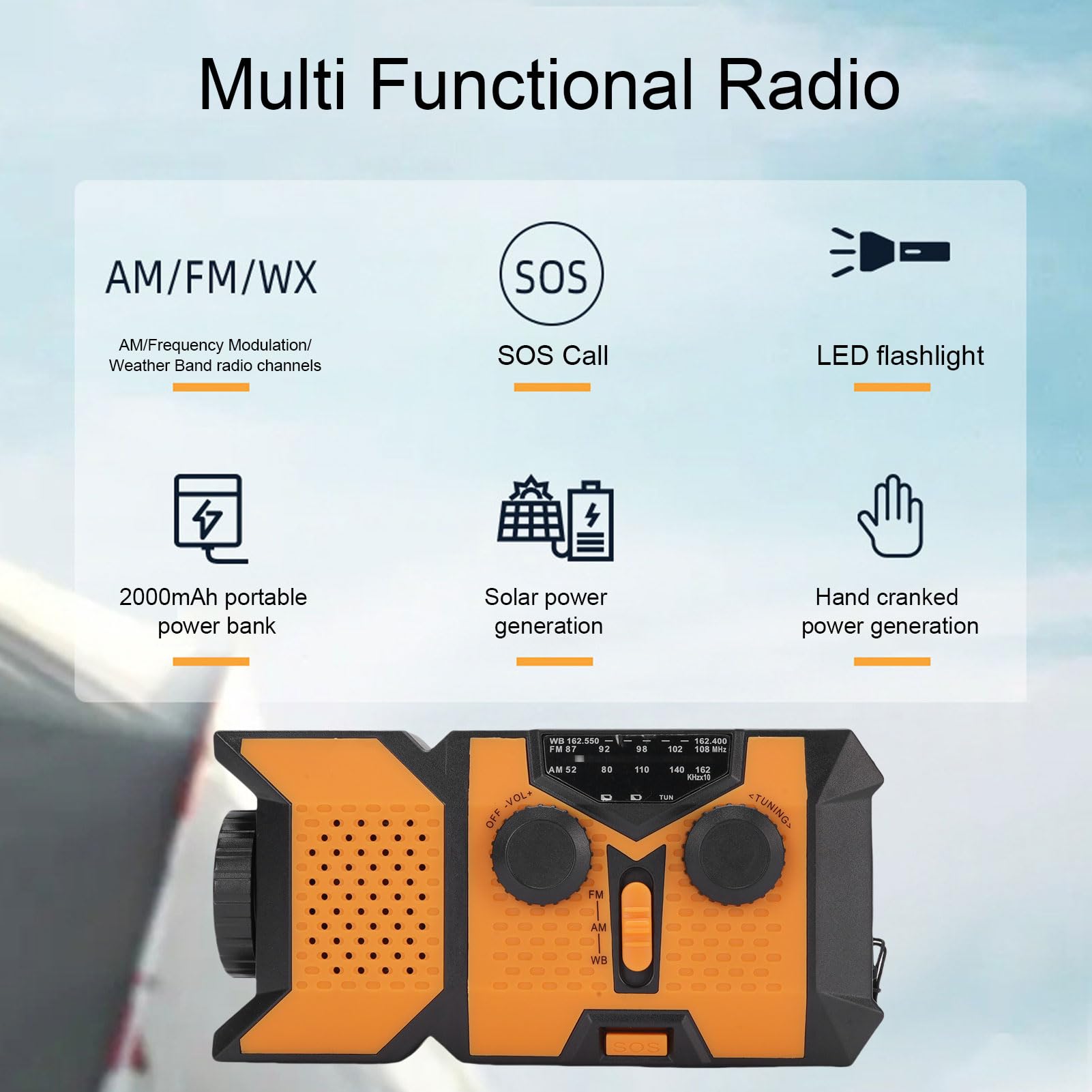Emergency Weather Radio with AM/FM/WB, Hand Crank Radio with Solar Charging, LED Flashlight, 2000mAh, Portable Survival Radios for Camping and Outdoor Use