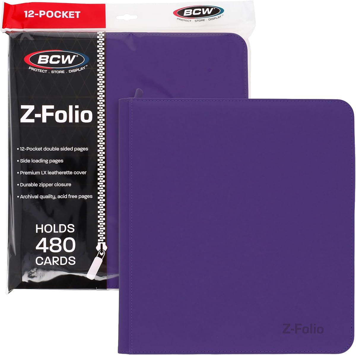 BCW Z-Folio LX Zipper Portfolio – 12-Pocket Playset Album – Premium Purple Leatherette – Secure Zipper – Holds 480 Cards – Trading Card Storage and Organizer