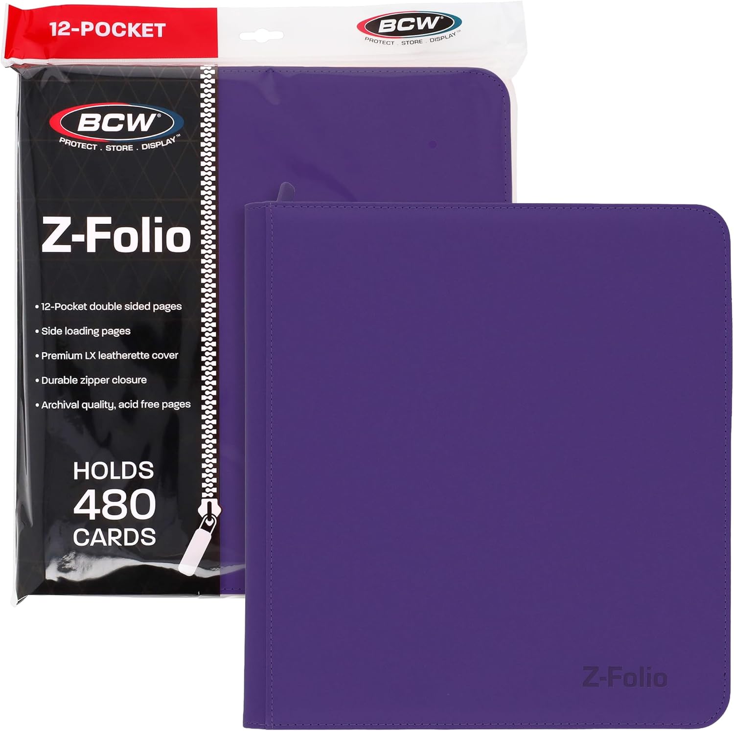 BCW Z-Folio LX Zipper Portfolio – 12-Pocket Playset Album – Premium Purple Leatherette – Secure Zipper – Holds 480 Cards – Trading Card Storage and Organizer