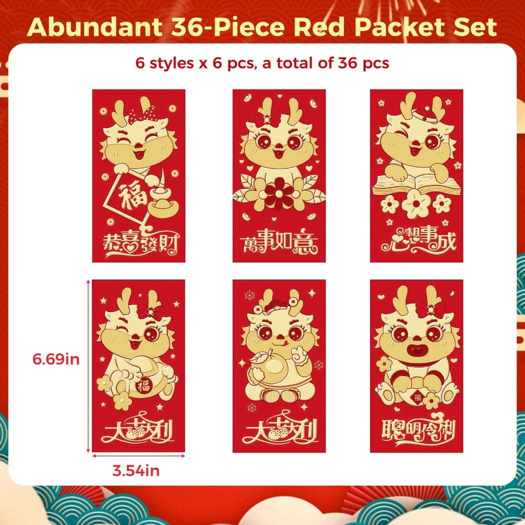 36 Stück Rote Umschläge zum Neujahr, niedlicher Cartoon-Drache Hongbao für das Jahr des Drachen 2024, Glücksgeld-Umschläge zum Frühlingsfest, 6 Varianten, für Familie, Freunde und Kollegen